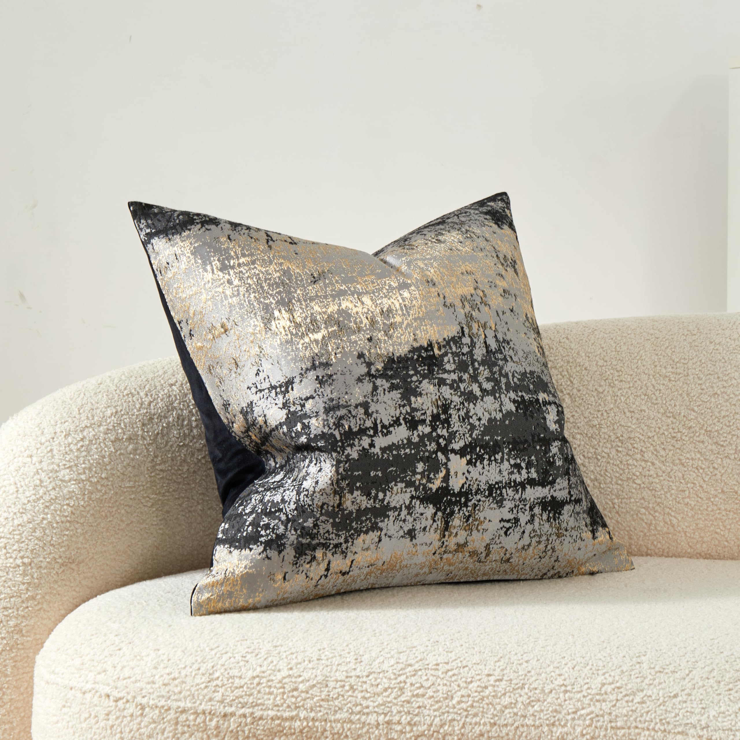 THE-TINOART Grey Decorative Throw Pillow Cover - Glitter Gold Splashed Black Jacquard Reversible Velvet Cushion Cover 22x22 Inches for Sofa, Bed, Living Room - Perfect for Grey Couches and Home Decor