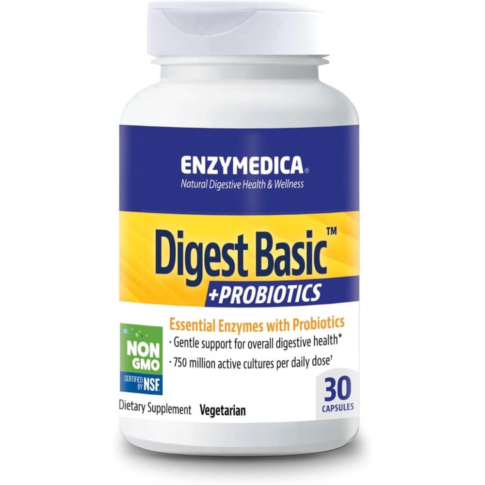 Enzymedica Digest Basic + Probiotics 30 Capsules - Digestive Enzyme Supplement with Probiotics for Gut Health & Bloating Relief - Supports Digestion After Meals & Travel