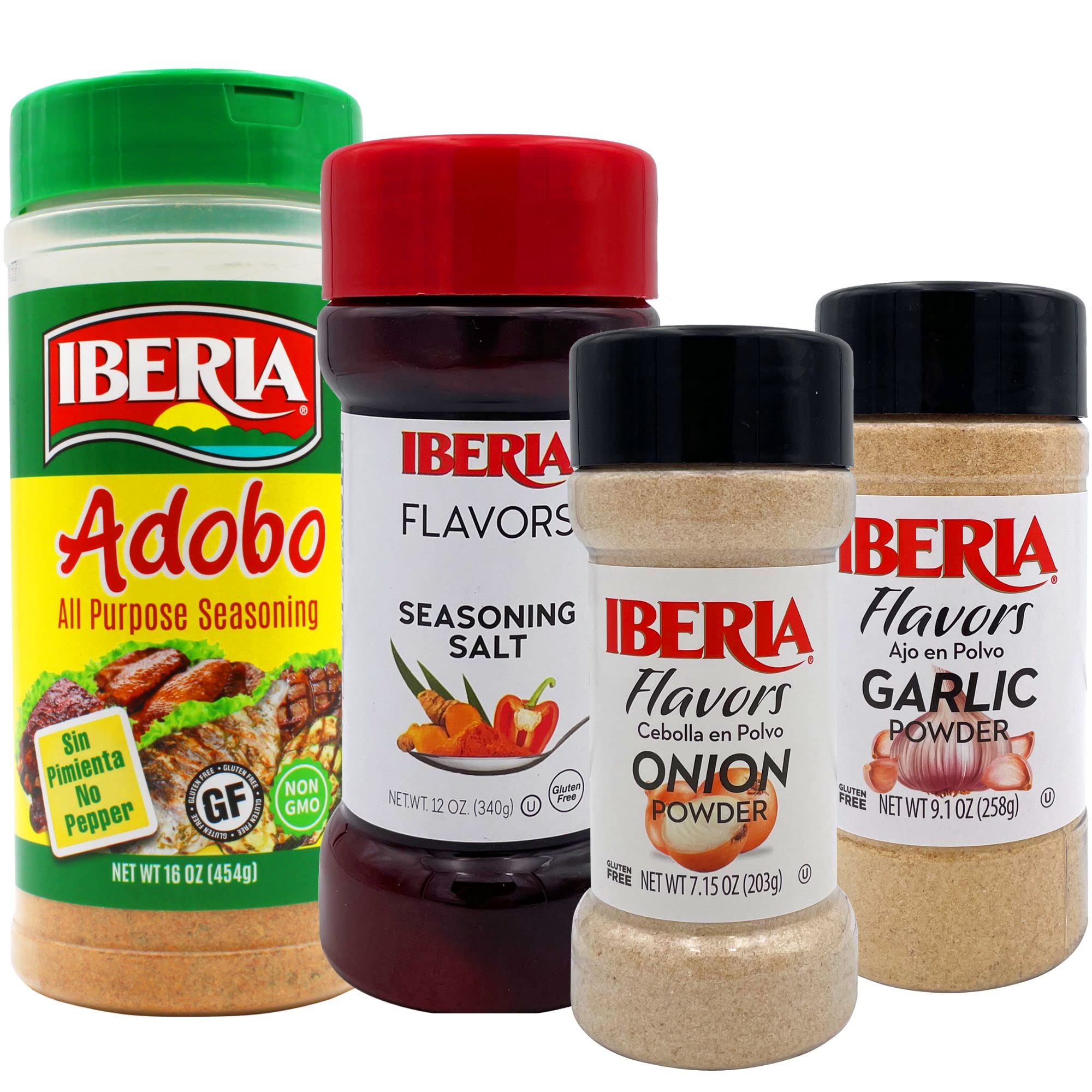 Iberia Garlic Powder 9.1oz, Onion Powder 7.5oz, Seasoning Salt 12oz & Adobo Without Pepper 16oz - Premium Spanish Spice Bundle for Cooking, Grilling & Seasoning