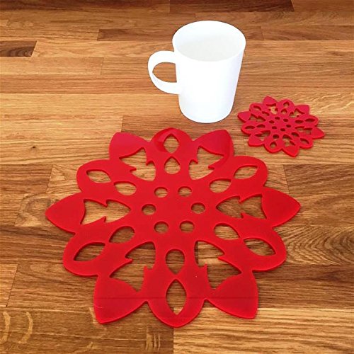 Snowflake Shaped Placemat and Coaster Set - 6-Piece Holiday Dining Set for Christmas Table Decor, Party Dinner & Winter Home Decor - Red
