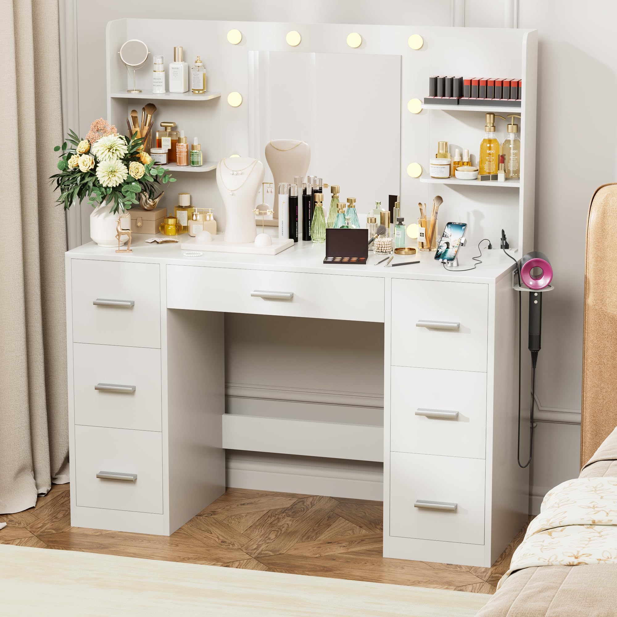 VICTONE Vanity Desk with LED Lighted Mirror & Power Outout - 3 Mode Adjustable Lighting Makeup Vanity Table with 7 Drawers & 6 Storage Shelves - White Dressing Table for Bedroom, Dressing Room & Home Decor (Perfect for Makeup Application, Jewelry Organization & Beauty Routine)