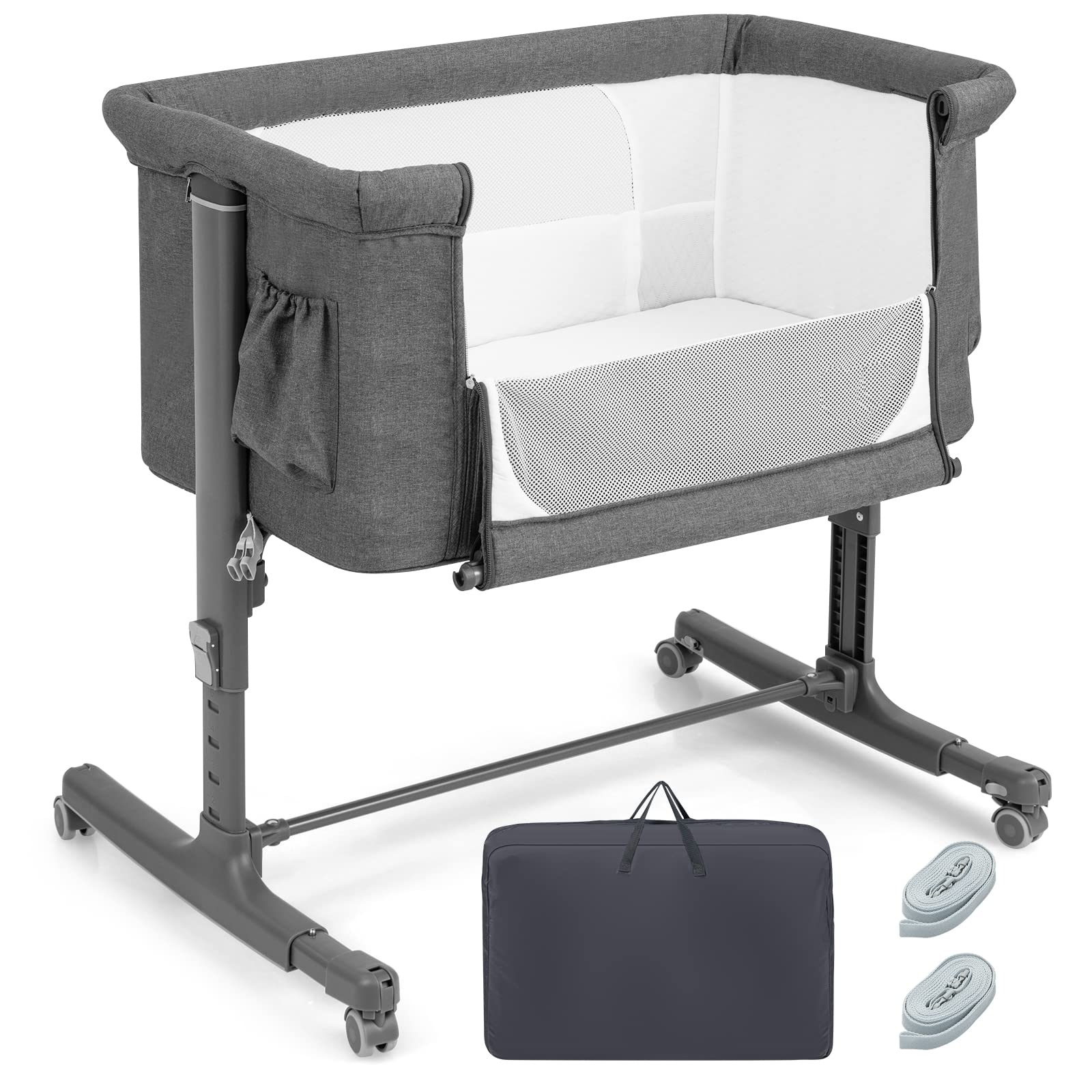 HONEY JOY 3-in-1 Portable Baby Bassinet Bedside Sleeper with Wheels - Adjustable Height Crib for Newborns & Infants, Includes Mattress & Carry Bag (Gray) | Perfect for Nursery, Bedroom Co-Sleeping & Travel