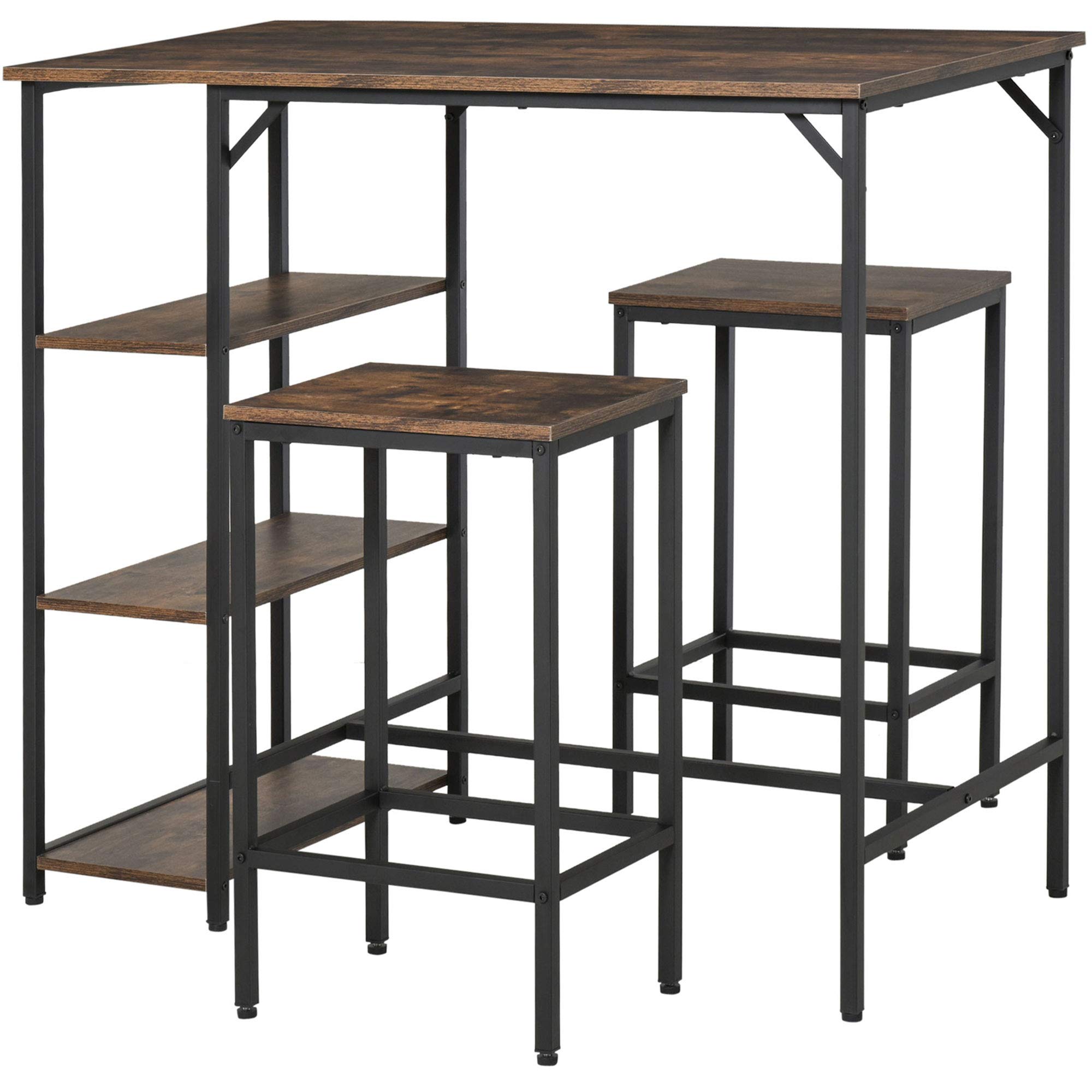 HOMCOM Industrial 3-Piece Counter Height Dining Set - Rustic Brown Bar Table with 2 Stools & Storage Shelf for Kitchen, Bistro, or Small Space