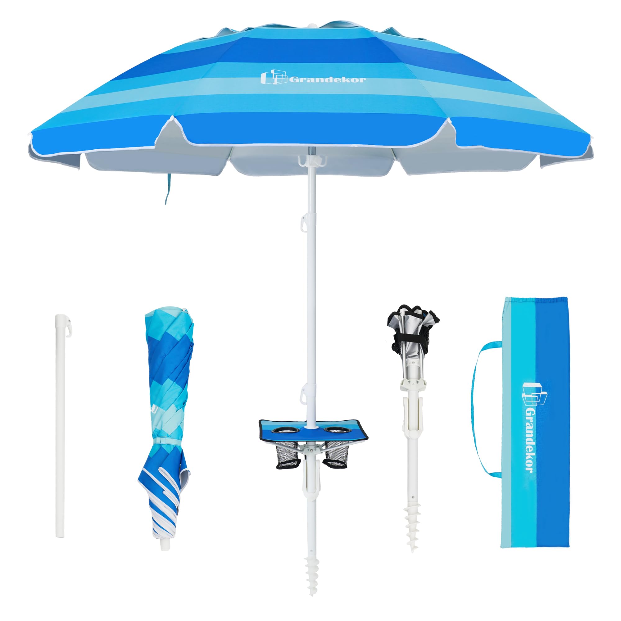 Grandekor 7FT Heavy Duty Windproof Beach Umbrella with Sand Anchor, UV 50+ Sun Protection, Portable Travel Umbrella with Carry Bag & Side Table - Perfect for Beach, Pool, Picnics, and Outdoor Adventures