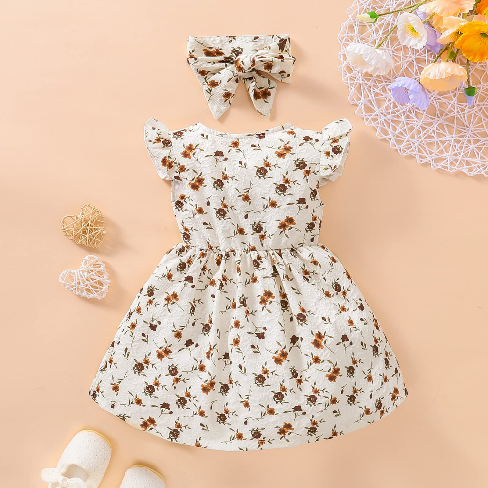 Newborn Baby Girl Short Sleeve Princess Dress - Floral Print Summer Dress with Bow Headband Set for Photoshoot, Birthday Party & Special Occasions