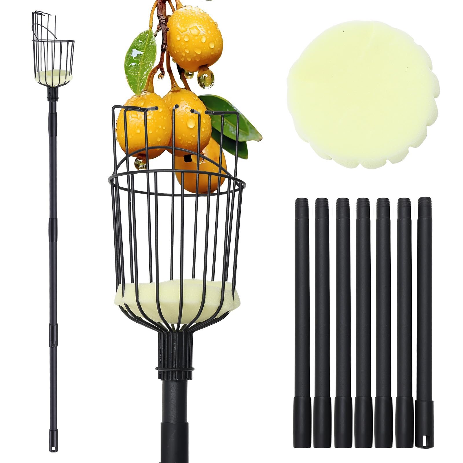 8.43FT Adjustable Fruit Picker Pole with Basket - Stainless Steel Handle Apple Picker Tool for Harvesting Mango, Pear, Orange & Avocados | Perfect for Home Gardening, Orchard Harvesting & Tall Tree Fruit Collection (Black)