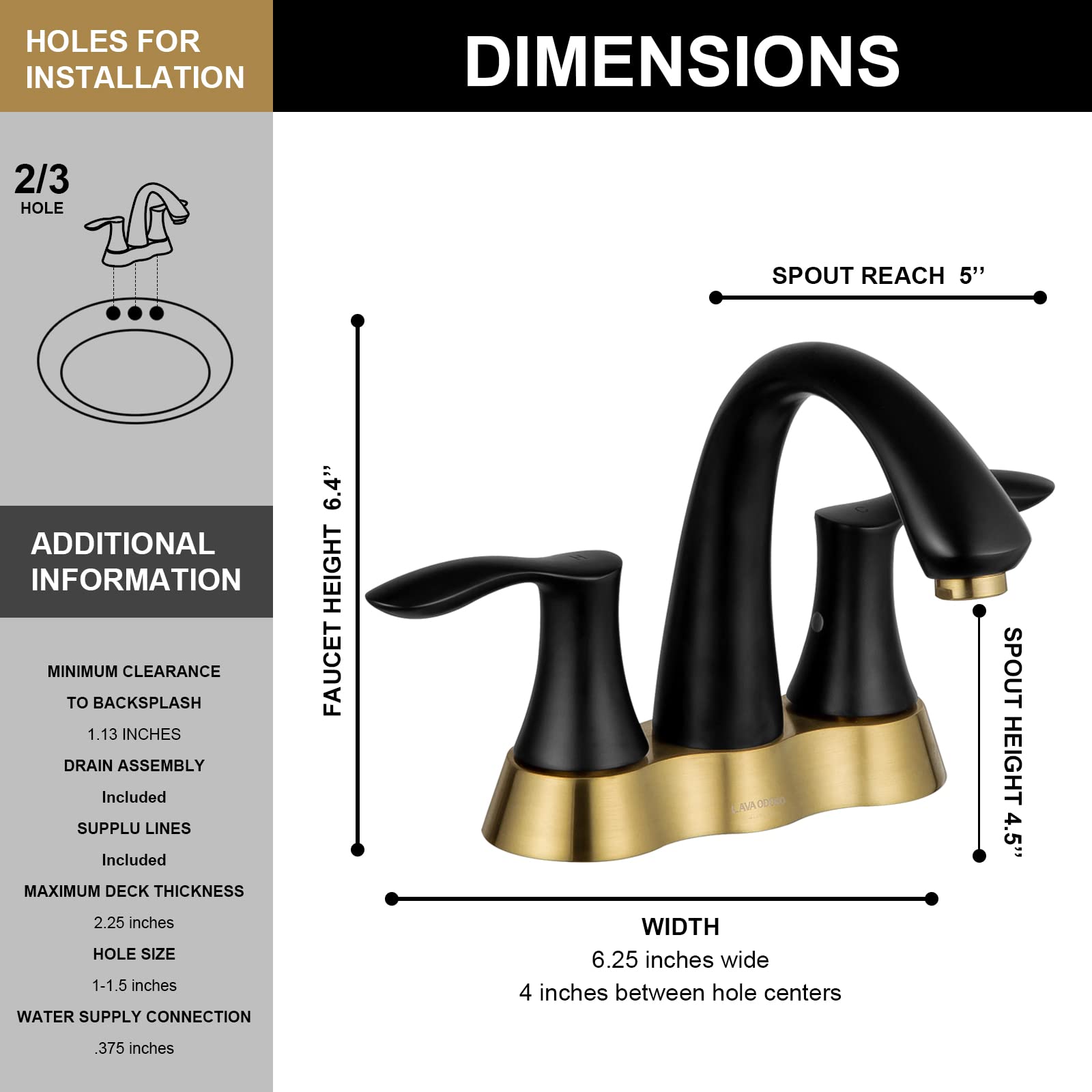 Lava Odoro 2-Handle 4-Inch Centerset Bathroom Faucet - Black and Gold Vanity Sink Faucet with Pop-Up Drain Assembly & Supply Lines (BF423-BG) - Perfect for Modern Bathroom Renovations and Home Upgrades