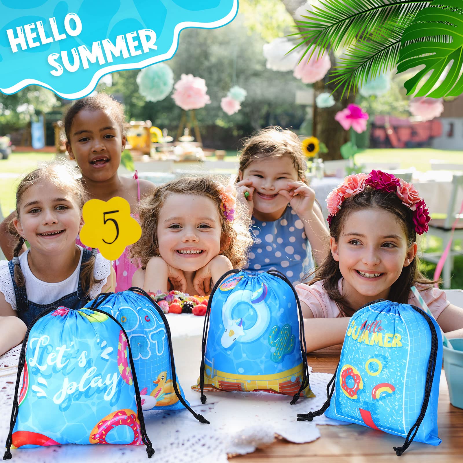 12 Pack Drawstring Beach Bags - Tropical Shark Theme Party Favors, Pool Party Supplies for Summer, Kids Goodie Bags - Perfect for Beach Outings, Poolside Gatherings & Summer Celebrations