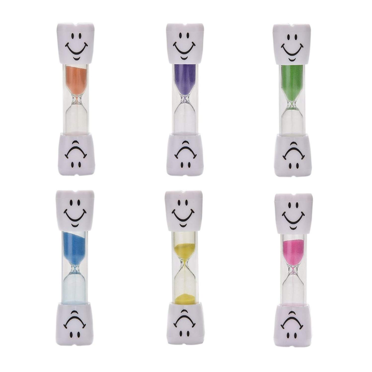 2 Minute Sand Timer Set for Brushing Teeth - Pack of 6 Colorful Smiley Hourglass Timers for Kids, Classroom & Bathroom - Fun Dental Hygiene Tool for Children's Toothbrushing Routine
