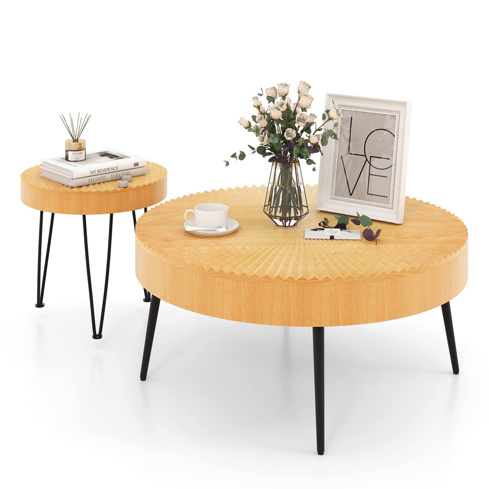 Giantex Boho Round Coffee Table Set of 2 - Solid Pine Wood Top & Metal Legs with Adjustable Foot Pads - 31.5