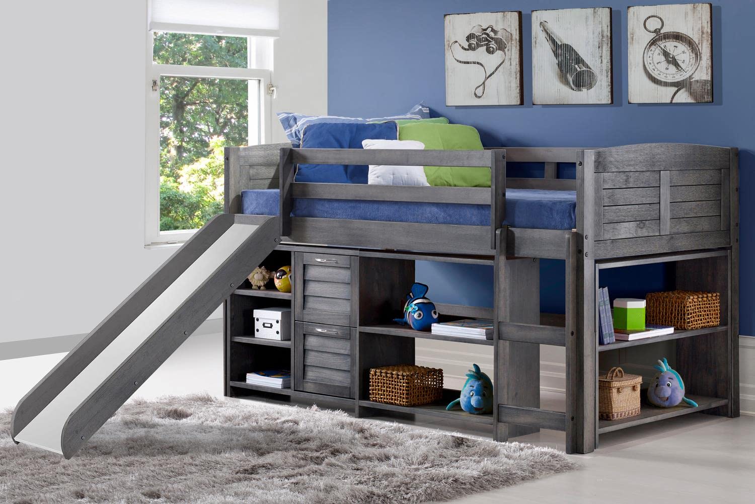 Pivot Direct Twin Louver Low Loft Bed in Antique Grey - Space-Saving Kids Bedroom Furniture for Small Rooms & Dorm Decor - PD_790AAG_C4_785AG