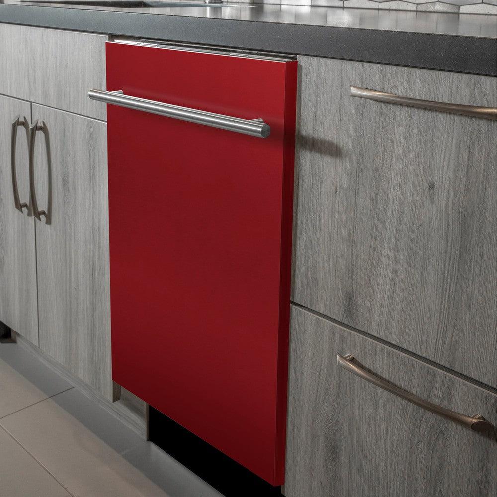 ZLINE 24 Inch Stainless Steel Built-In Dishwasher with Red Gloss Panel - Ultra Quiet 52dBa - Modern Handle Design for Kitchens & Open Concept Living Spaces