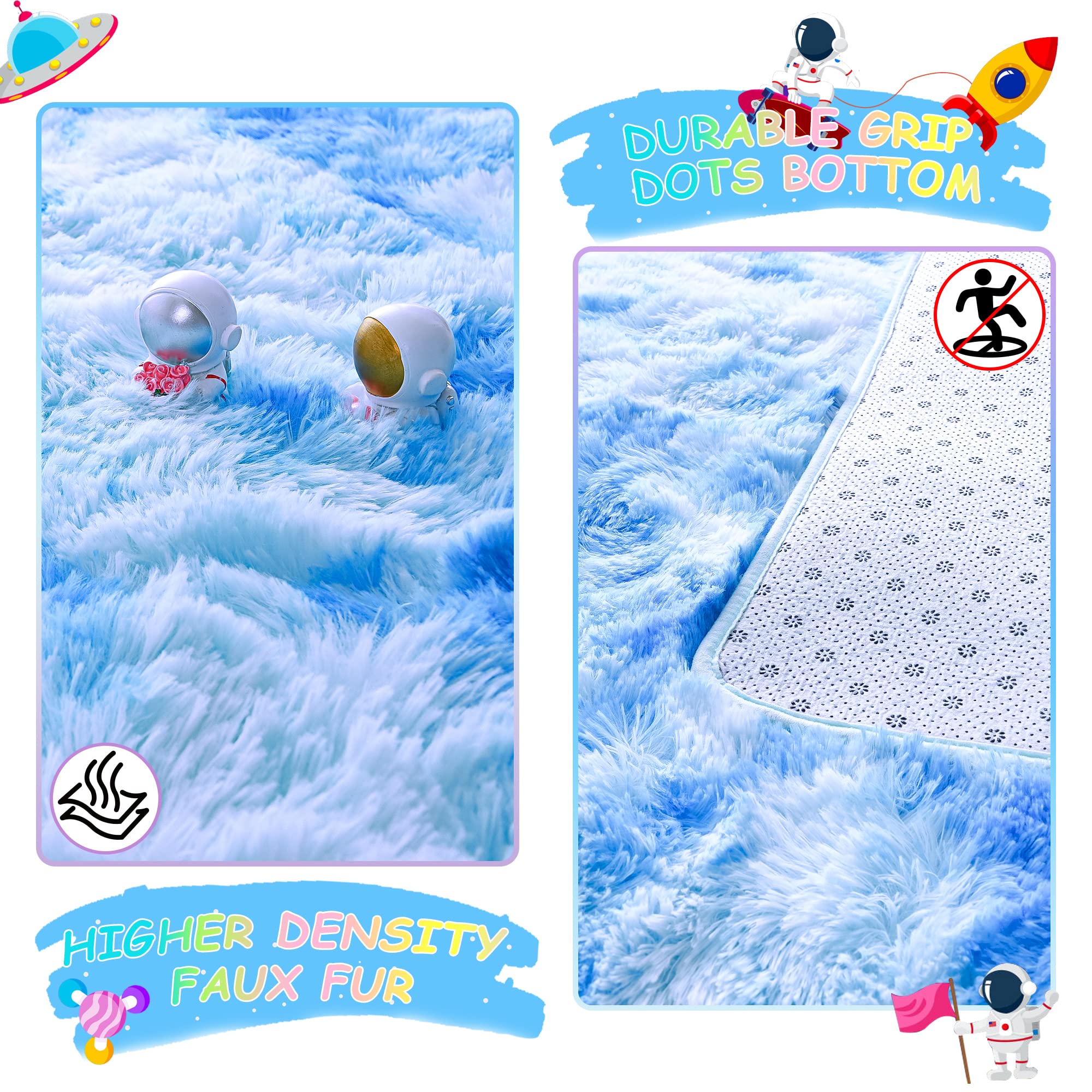 Noahs 4x6 Fluffy Kids Rugs - Soft Blue Tie-Dyed Rainbow Nursery Carpet for Girls Bedroom | Non-Slip Playroom Rug, Shaggy Floor Mat for Toddler Room Decor & Kids Play Area | Perfect for Bedrooms, Daycare Centers, and Play Spaces