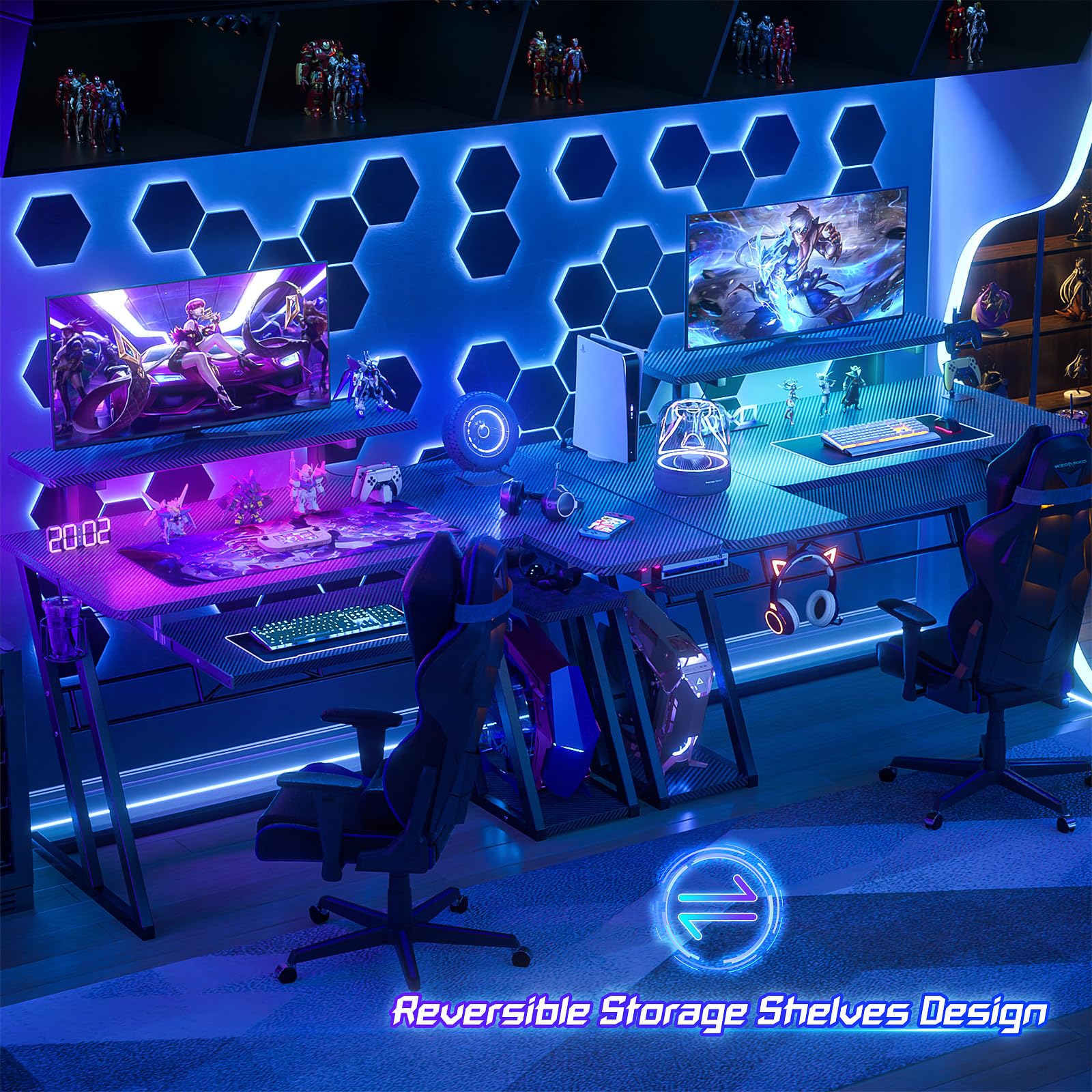 Premium L-Shaped Gaming Desk with Built-in Power Outlets & RGB LED Lights - 47