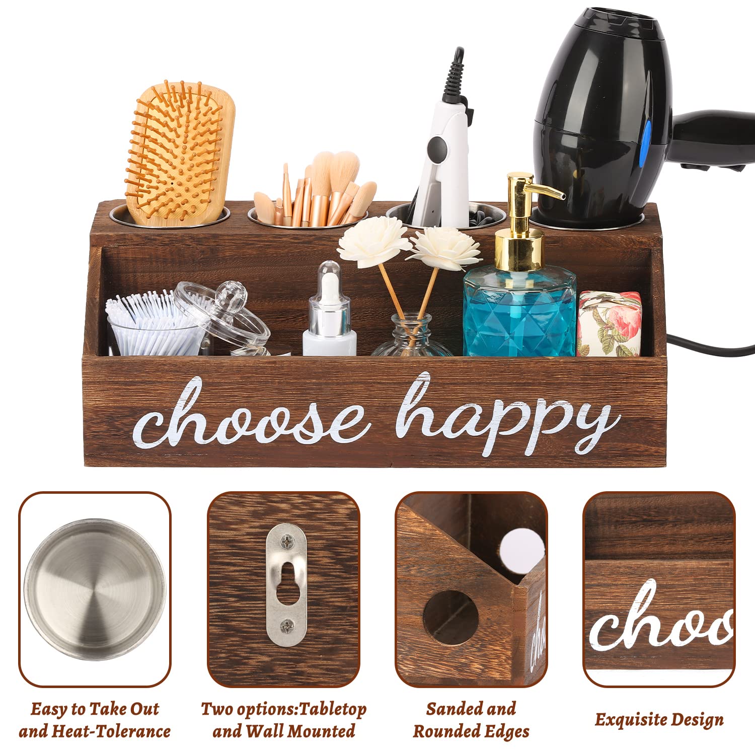 Rustic Wood Hair Dryer Holder & Hot Tools Organizer - Wall Mounted & Countertop Blow Dryer Stand for Curling Iron, Straightener, and Styling Tools - Bathroom Vanity Storage Cabinet Organizer for Home Salon & Spa Use