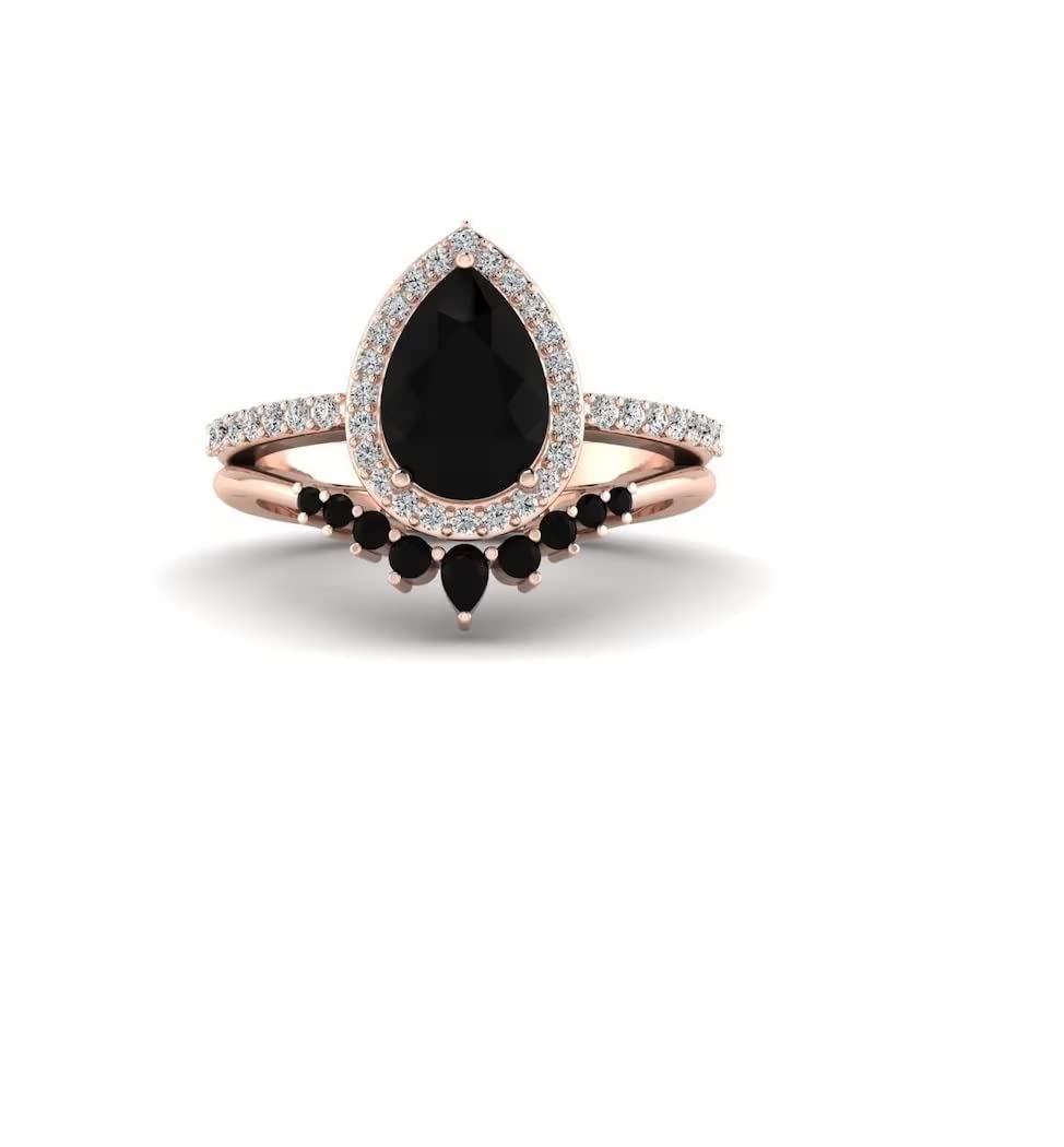 3 Ct Pear Cut Onyx Black Diamond Solitaire Halo Engagement Ring with V-Shaped Wedding Band Set for Women - 925 Sterling Silver Rose Gold Finish | Bridal Jewelry, Anniversary Gift, Proposal Ring