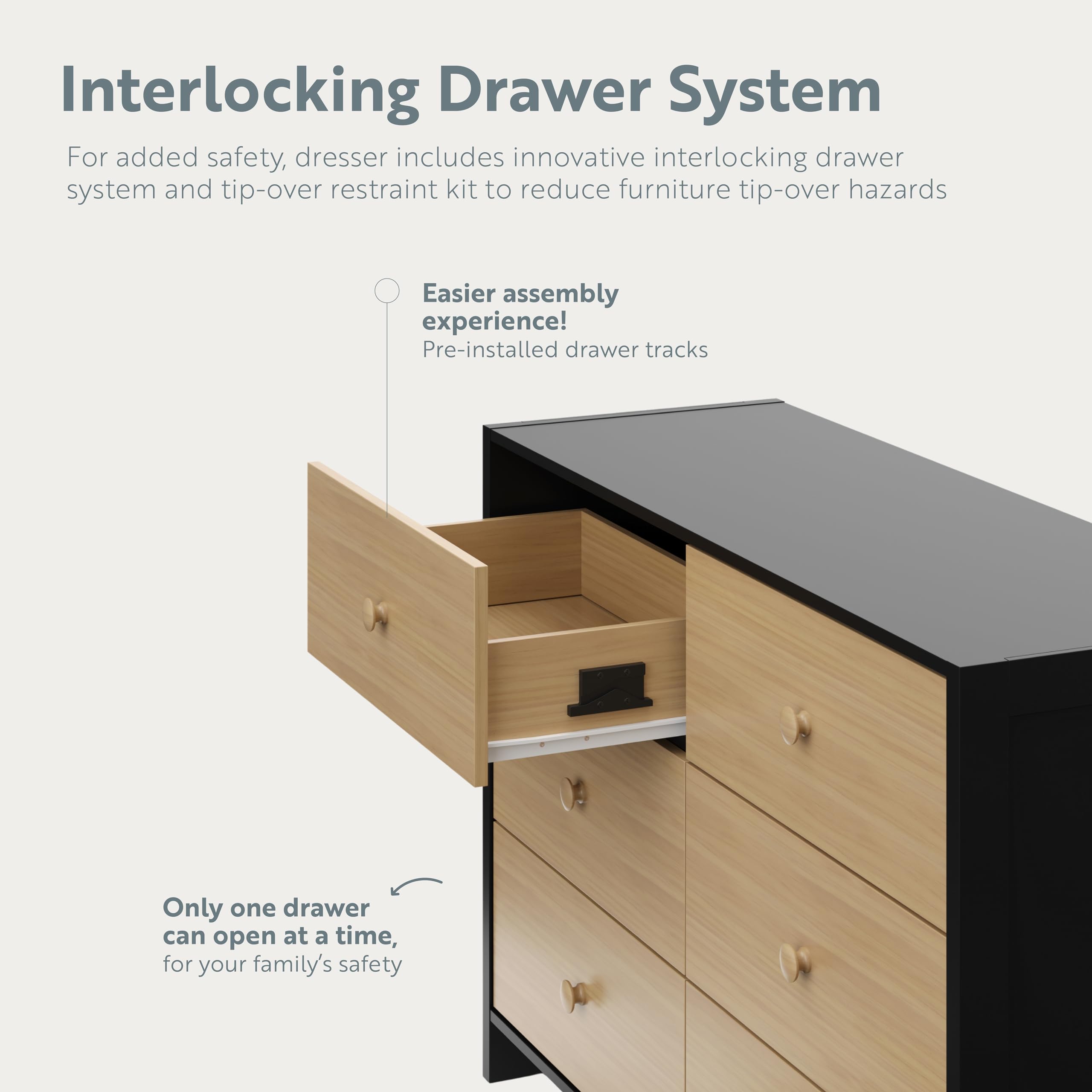 Storkcraft Calabasas 6-Drawer Dresser in Black & Driftwood - GREENGUARD Gold Certified Kids Dresser with Interlocking Drawer System, Nursery & Bedroom Storage Organizer for Baby Clothes, Toys & Accessories
