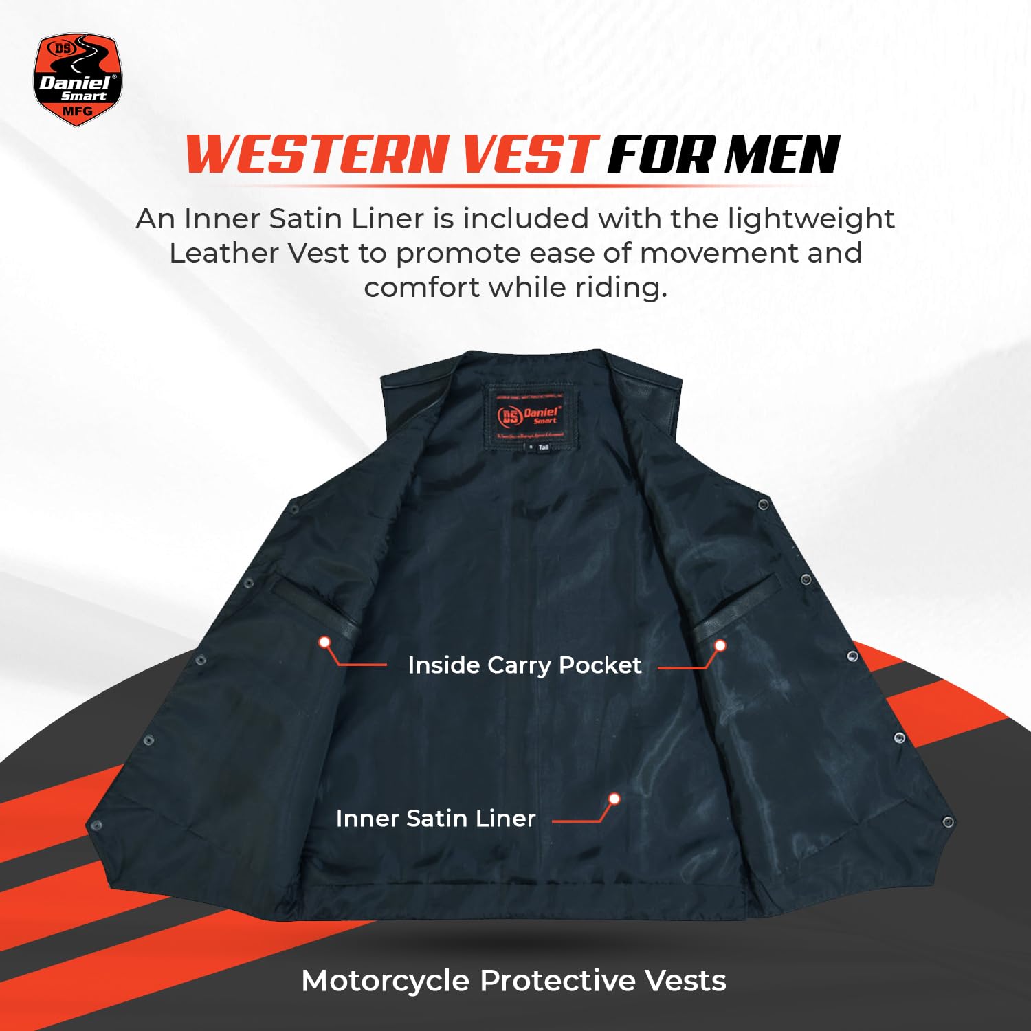 Daniel Smart Men's Genuine Leather Motorcycle Vest - Unique Biker Jacket with 2 Front & Inside Pockets for Riding & Casual Wear