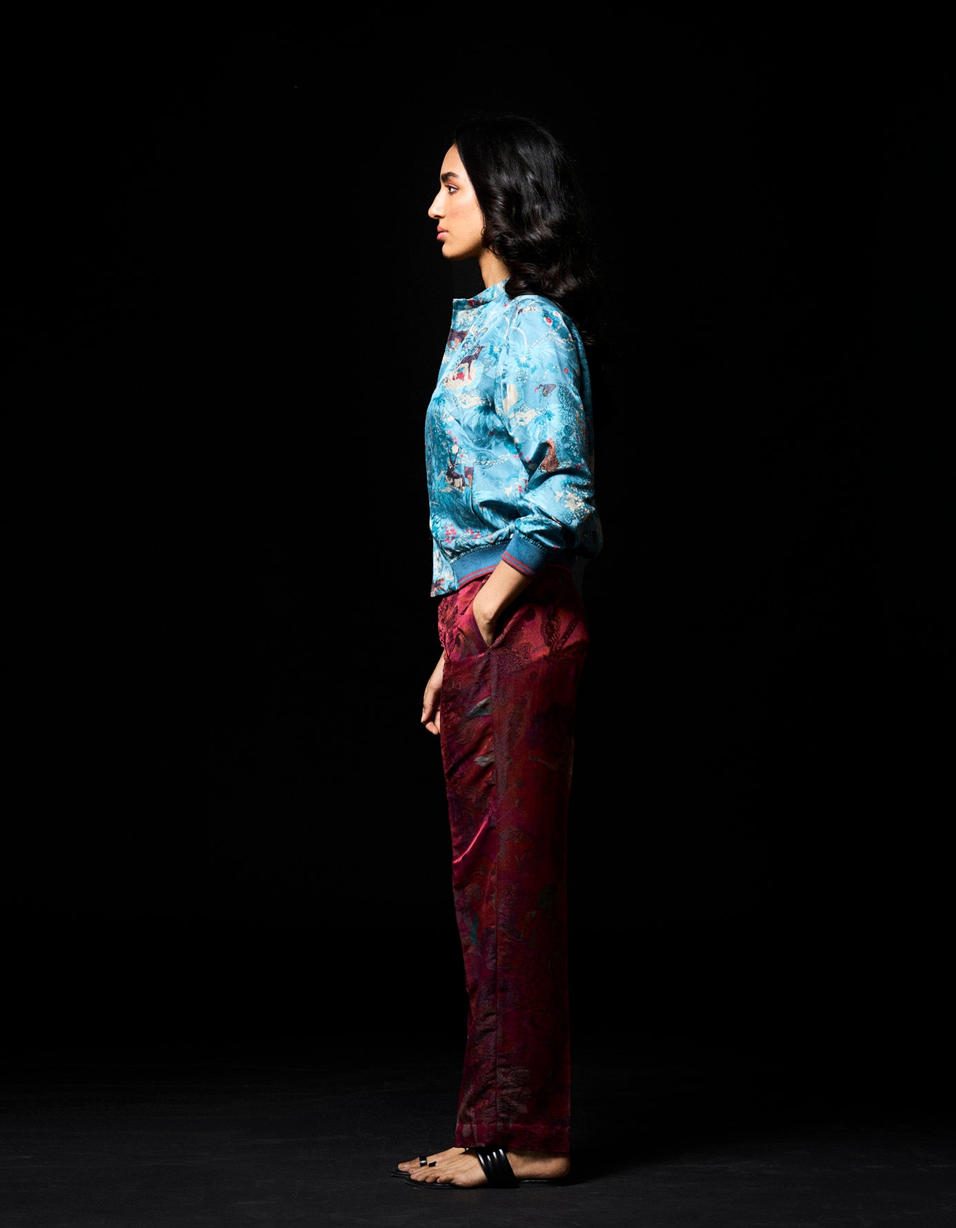 Janbaaz Men's Silk Bomber Jacket - Blue Damask Pattern | Lightweight & Stylish for Casual Wear, Night Out, and Street Fashion