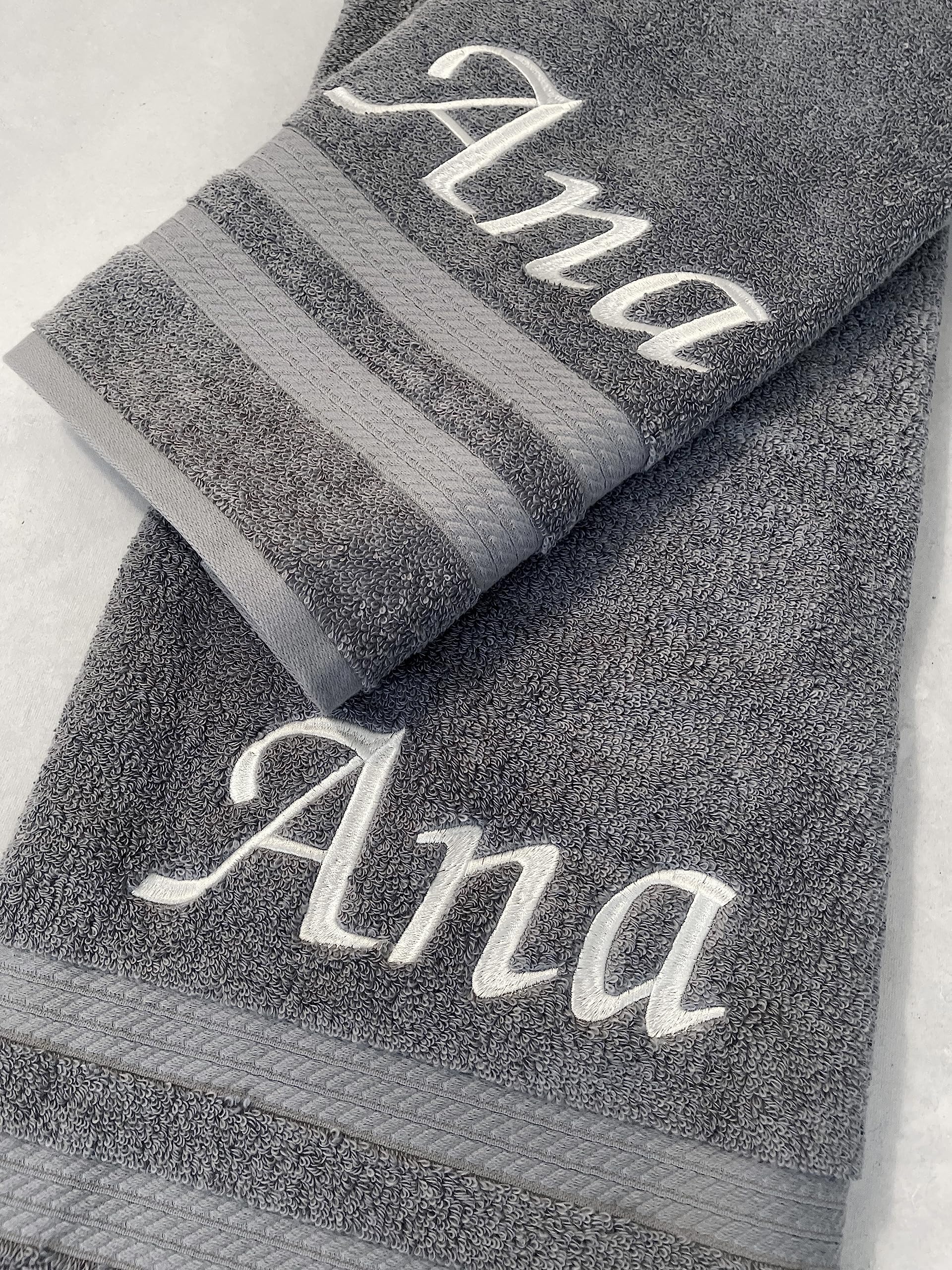 Premium Embroidered Bath & Hand Towel Set - 100% Cotton Luxury Personalized Monogrammed Towels (1 Bath + 1 Hand Towel) - Soft Absorbent Grey Bathroom Towels for Spa, Guest Bath & Luxury Home Decor
