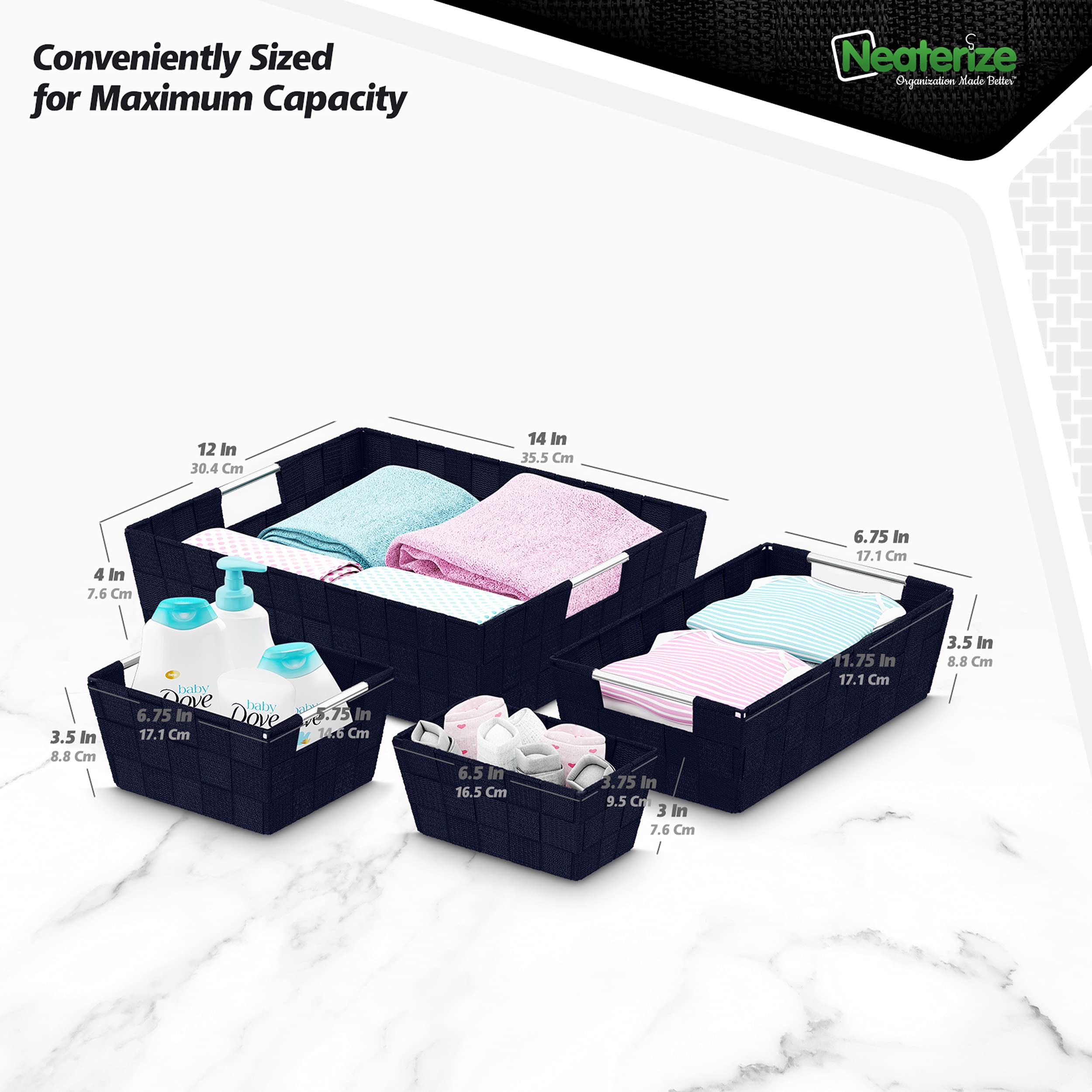NEATERIZE 9-Pack Closet Storage Baskets - Navy Fabric Organizer Bins for Laundry, Baby Clothes, Linen Closet, Pantry & Shelves | Perfect for Nursery, Bedroom & Home Organization