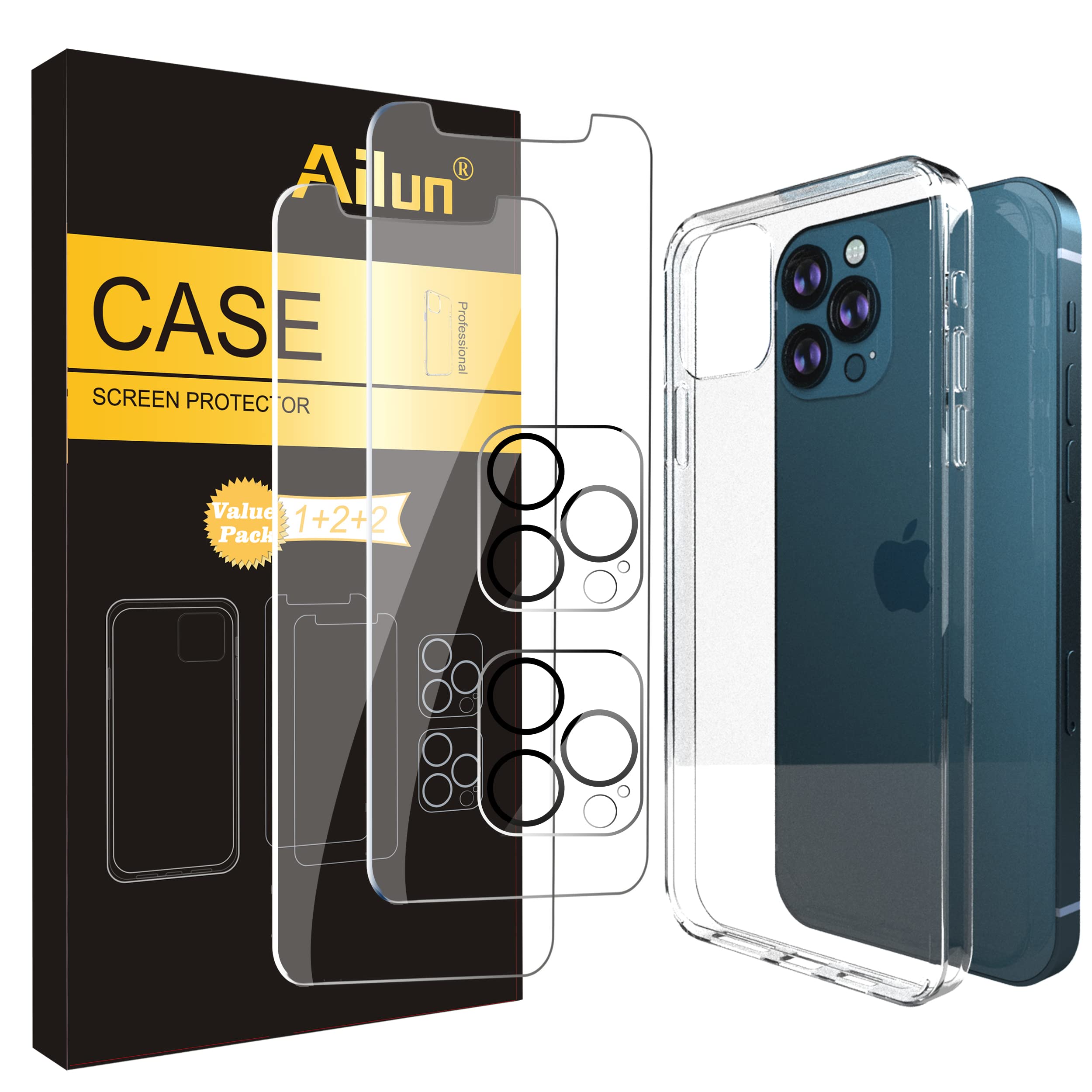 Ailun iPhone 12 Pro Max 6.7 Inch Case with 2x Tempered Glass Screen Protectors & 2x Camera Lens Protectors - Shockproof TPU Clear Cover, Anti-Scratch, Anti-Fingerprint, Oil-Resistant - Perfect for Daily Use, Work, Travel and Outdoor Activities