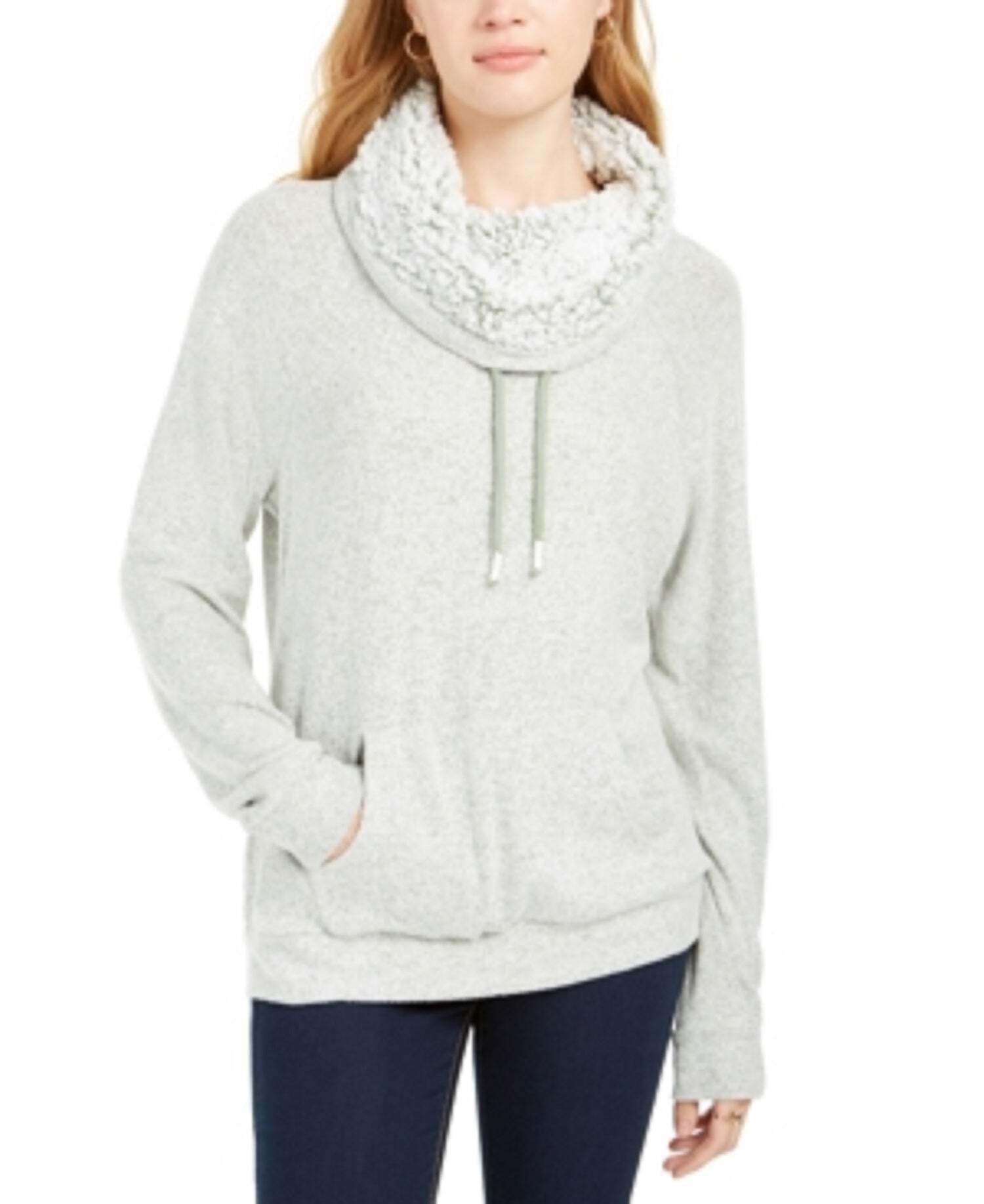 Ultra Flirt Juniors' Sherpa Lined Funnel Neck Sweatshirt - Cozy Green Pullover for Teens, Size Large - Perfect for Winter Outfits & Casual School Days