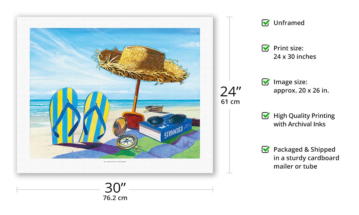 Scott Westmoreland Original Beach Art Print - 20x26 Inch Rolled Canvas Painting with Straw Hat, Sunglasses, Towel & Flip Flops - Perfect for Coastal Home Decor, Vacation Gifts & Beach House Wall Art