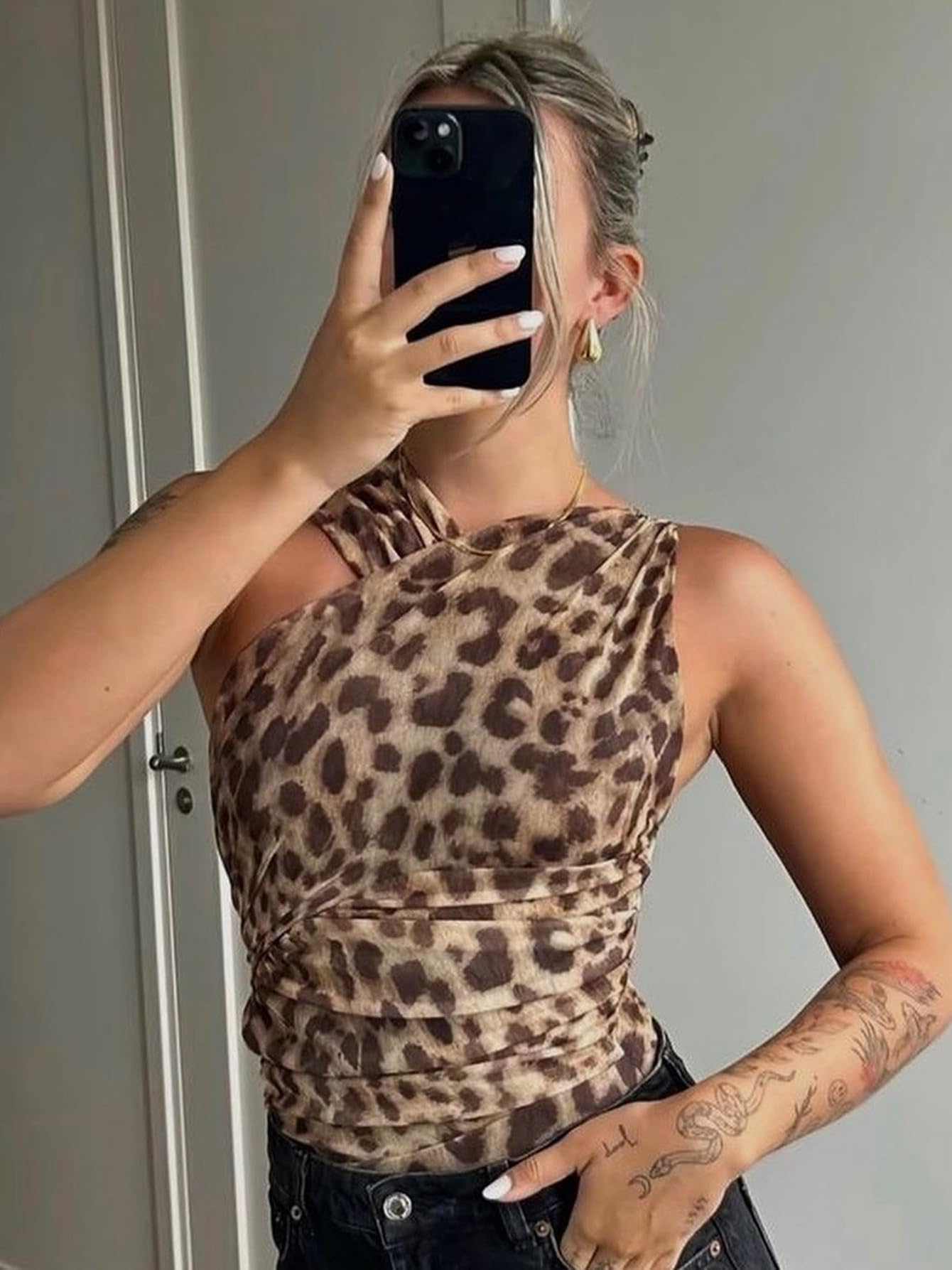 Women's Sleeveless Cheetah Print Halter Top - Stretchy Ruched Mesh Leopard Bodysuit for Streetwear & Night Out | Sexy Clubwear, Party Outfit, Summer Fashion