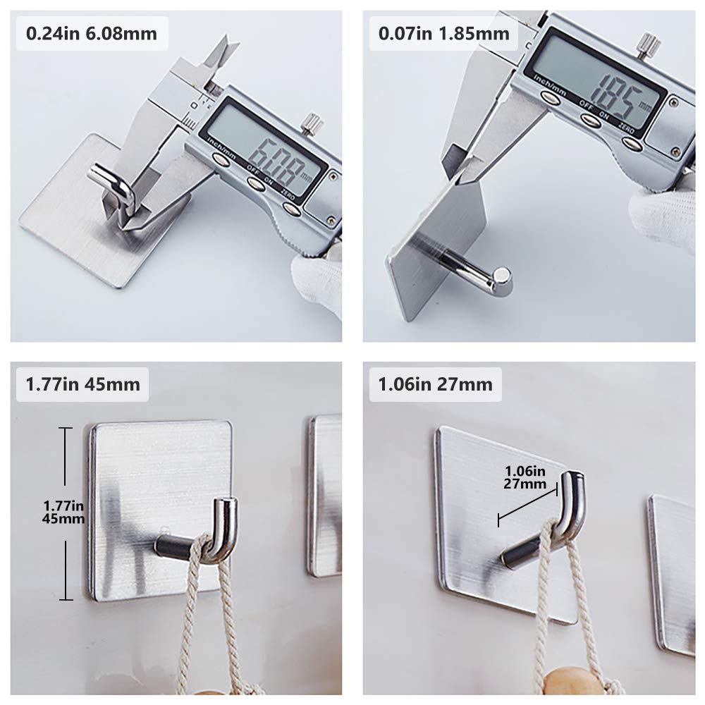 Stainless Steel Adhesive Hooks 4 Pack - Heavy Duty 11lb/5KG Wall Hooks for Kitchen, Bathroom, Pantry - Waterproof 304 Stainless Steel Hangers for Towels, Potholders, Coats & Pans - Perfect for Home Organization & Space Saving