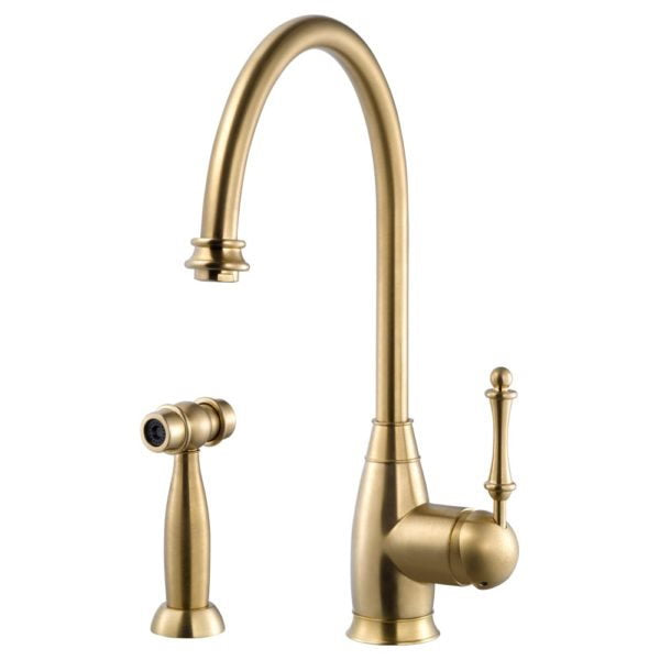 Hamat EXSH 4000 BB Traditional Brass Single Lever Kitchen Faucet with Side Sprayer - Brushed Brass Finish for Modern Farmhouse & Vintage Style Sinks