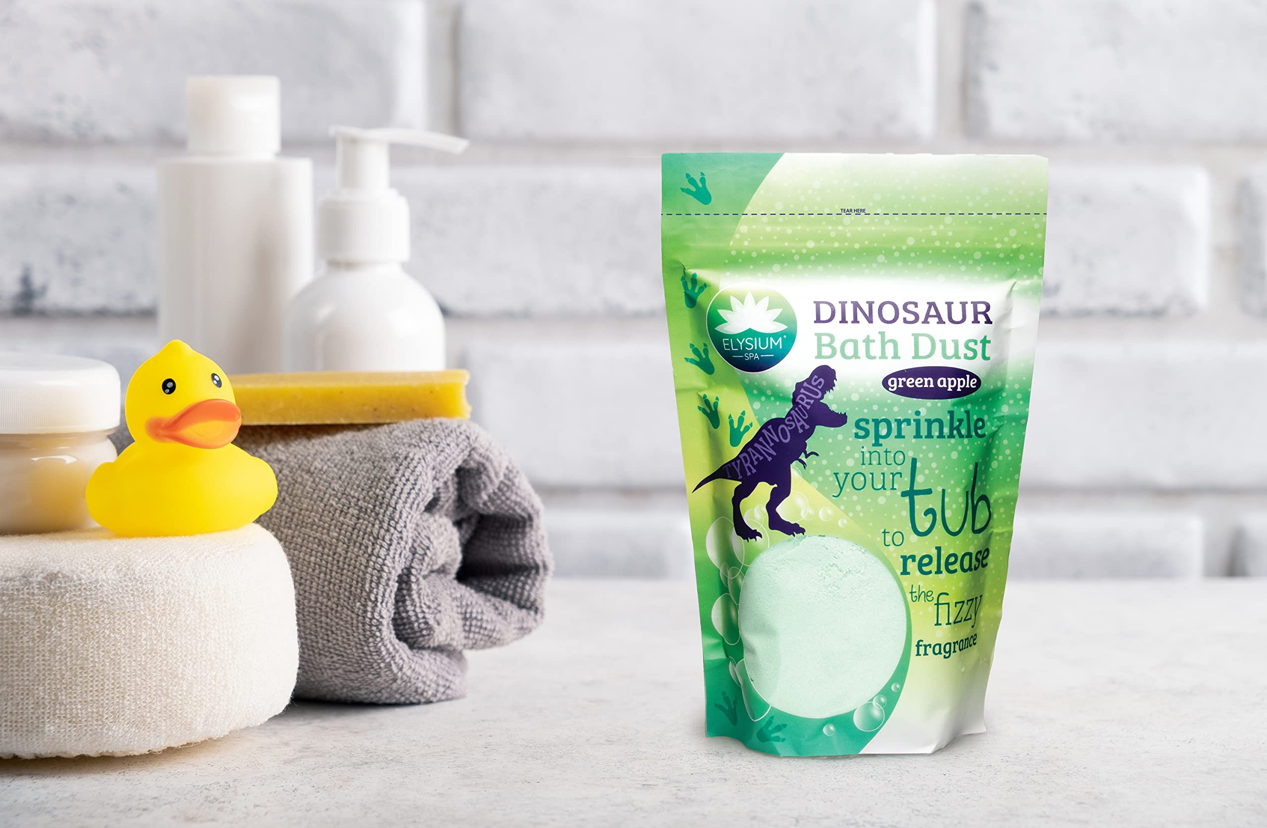 Elysium Spa Apple Scented Dinosaur Bath Dust for Kids - Fun Bubble Bath Powder for Children's Bathtime Play & Relaxation
