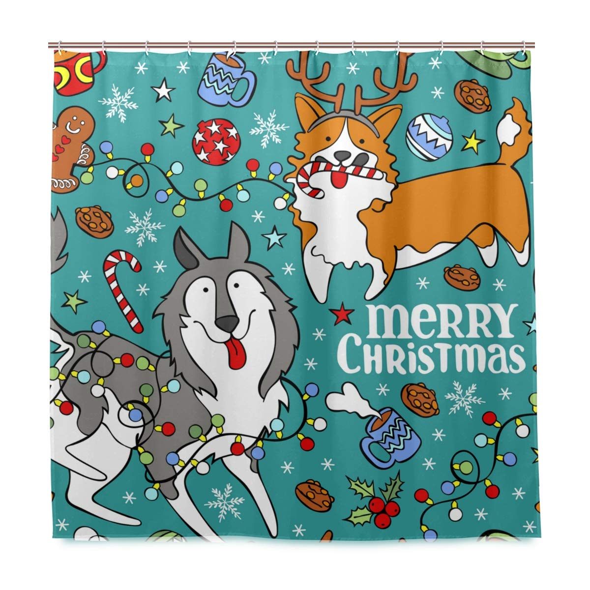 VIKKO Merry Christmas Dogs Husky and Corgi Waterproof Polyester Shower Curtain - 72x72 Inch Standard Size Bathroom Decor with Hooks Included - Perfect for Holiday Bathroom Decorations and Pet Lover Gifts