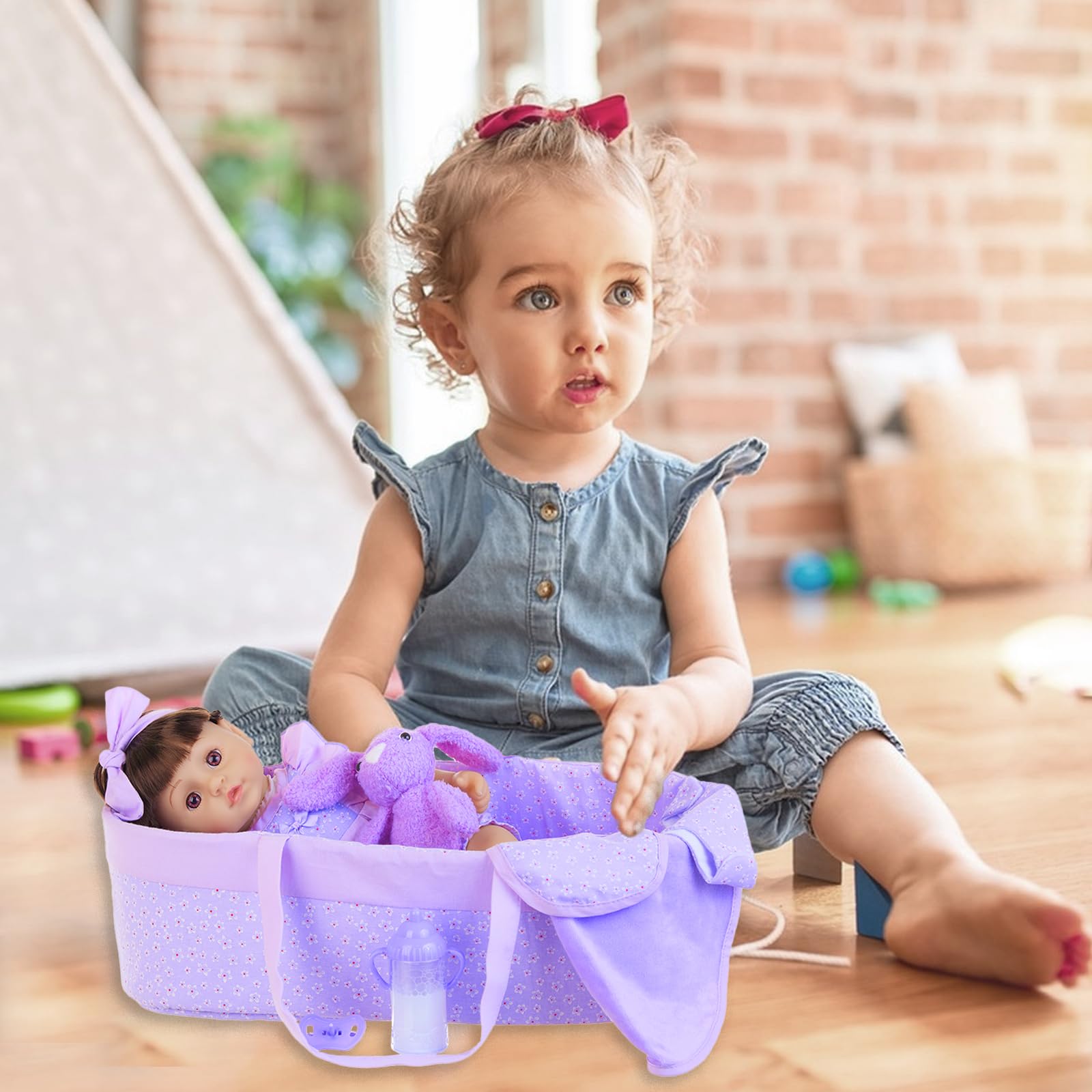 11-Piece Purple Floral Baby Doll Clothes Set with Bassinet & Accessories for 16-18 Inch Reborn Dolls | Perfect for Dress-Up, Role Play & Gift Giving