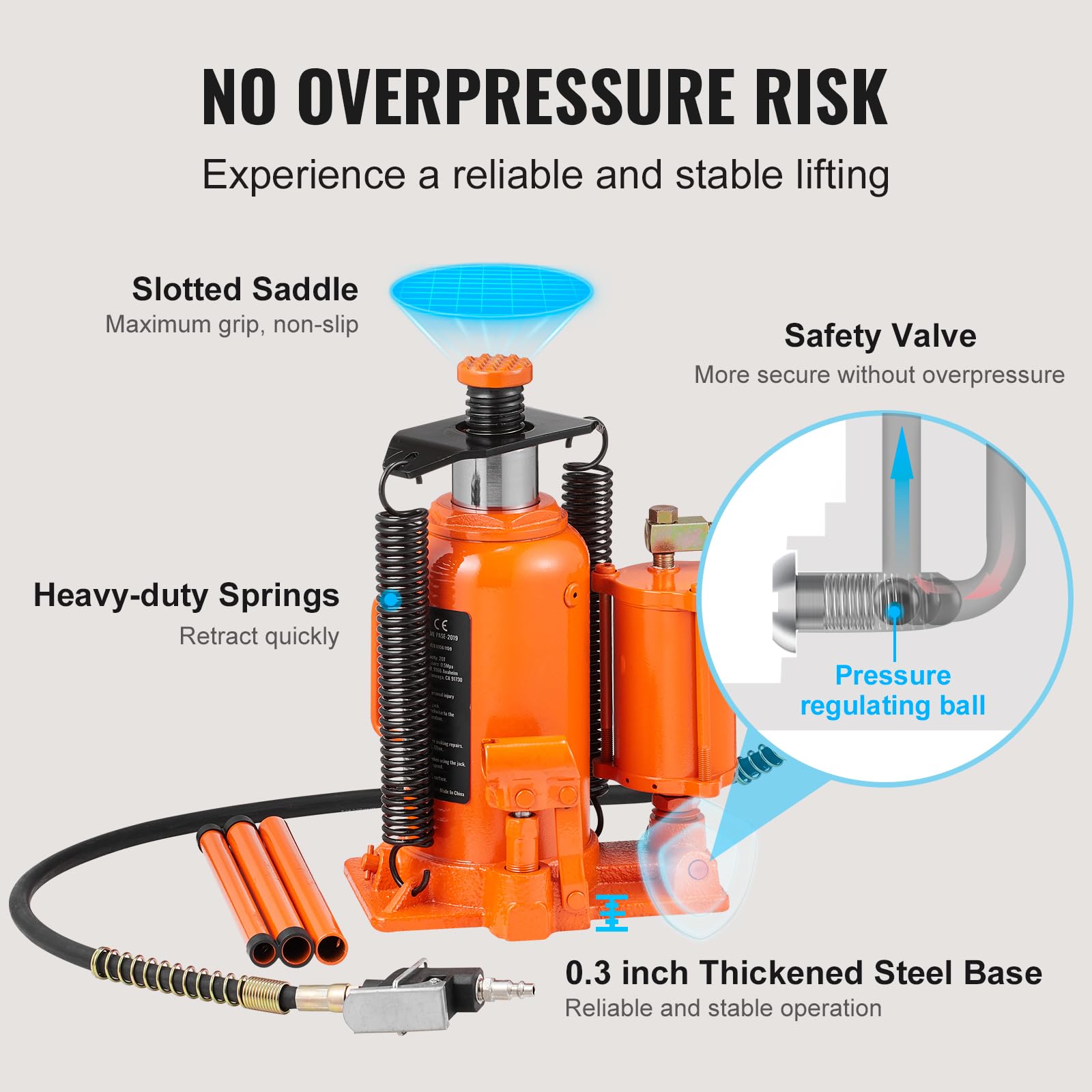VEVOR 20 Ton Air Hydraulic Bottle Jack - 44,029 LBS Capacity, 10.4-19.7 Inch Lift Range, Heavy Duty Welded Construction with Manual Handle & Air Pump - Perfect for Car, Truck, RV Repair & Industrial Engineering (Workshop, Garage, Construction Site)