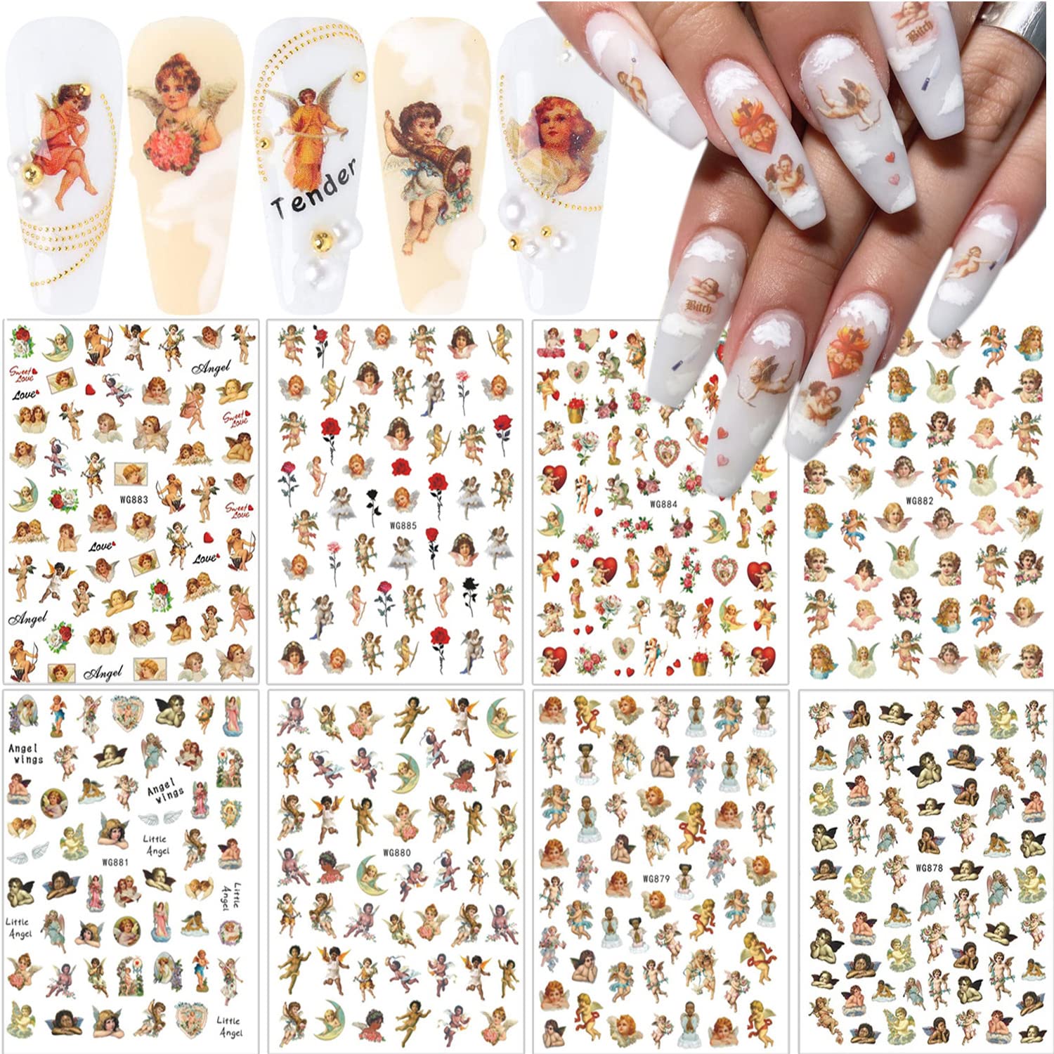 8 Sheets 3D Angel Nail Art Stickers - Self Adhesive Nail Decals with Cupid, Rose Flowers, Wings & Heart Designs for Women & Girls - Perfect for DIY Manicure, Nail Art Supplies & Party Decoration