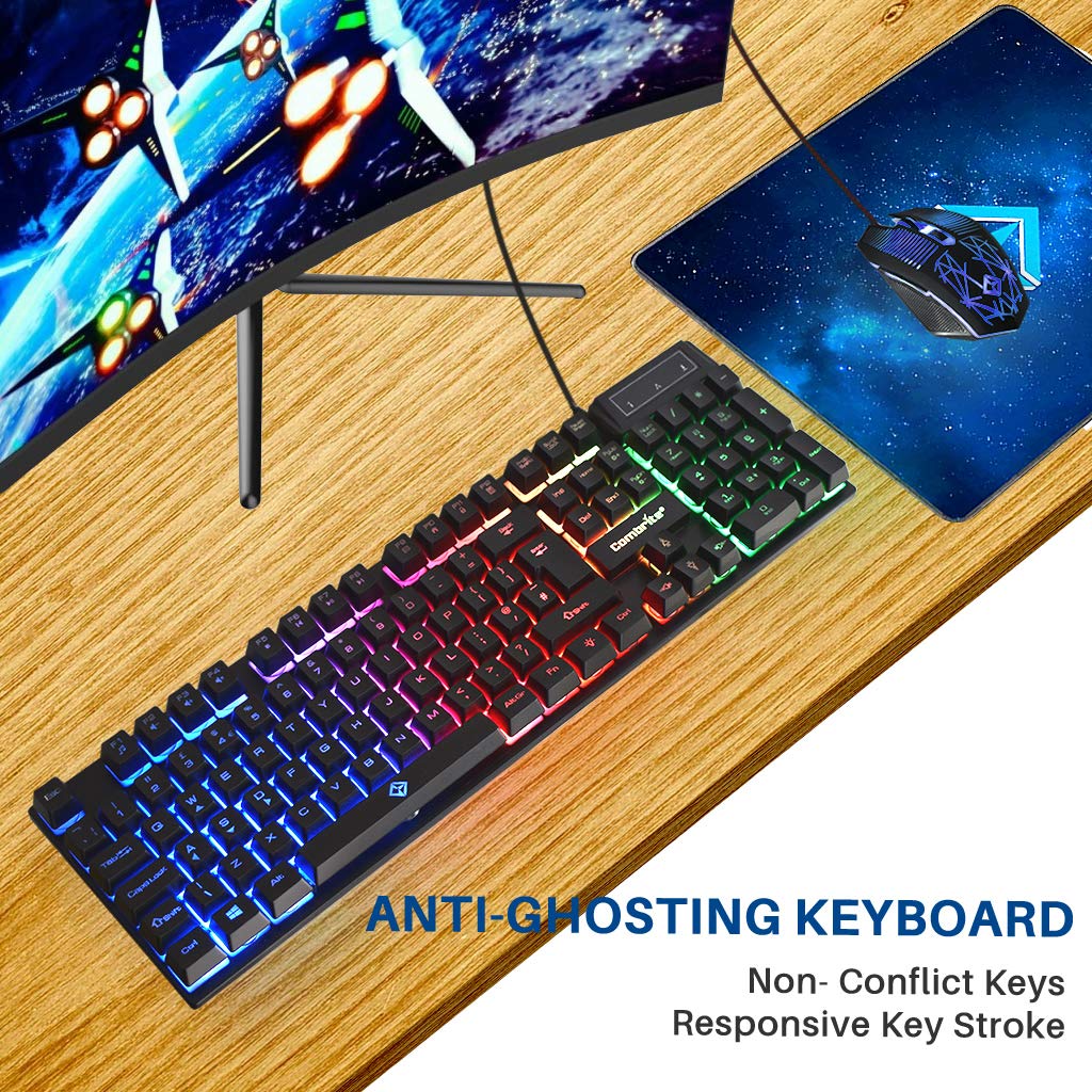 Combrite Raptor Gaming Keyboard and Mouse Set with Large Mouse Pad, RGB LED Backlit, USB Wired Desktop Combo, UK Layout - for PC, Laptop, PS4, Xbox One (Black) - Perfect for Gaming, Office Work, and Home Entertainment