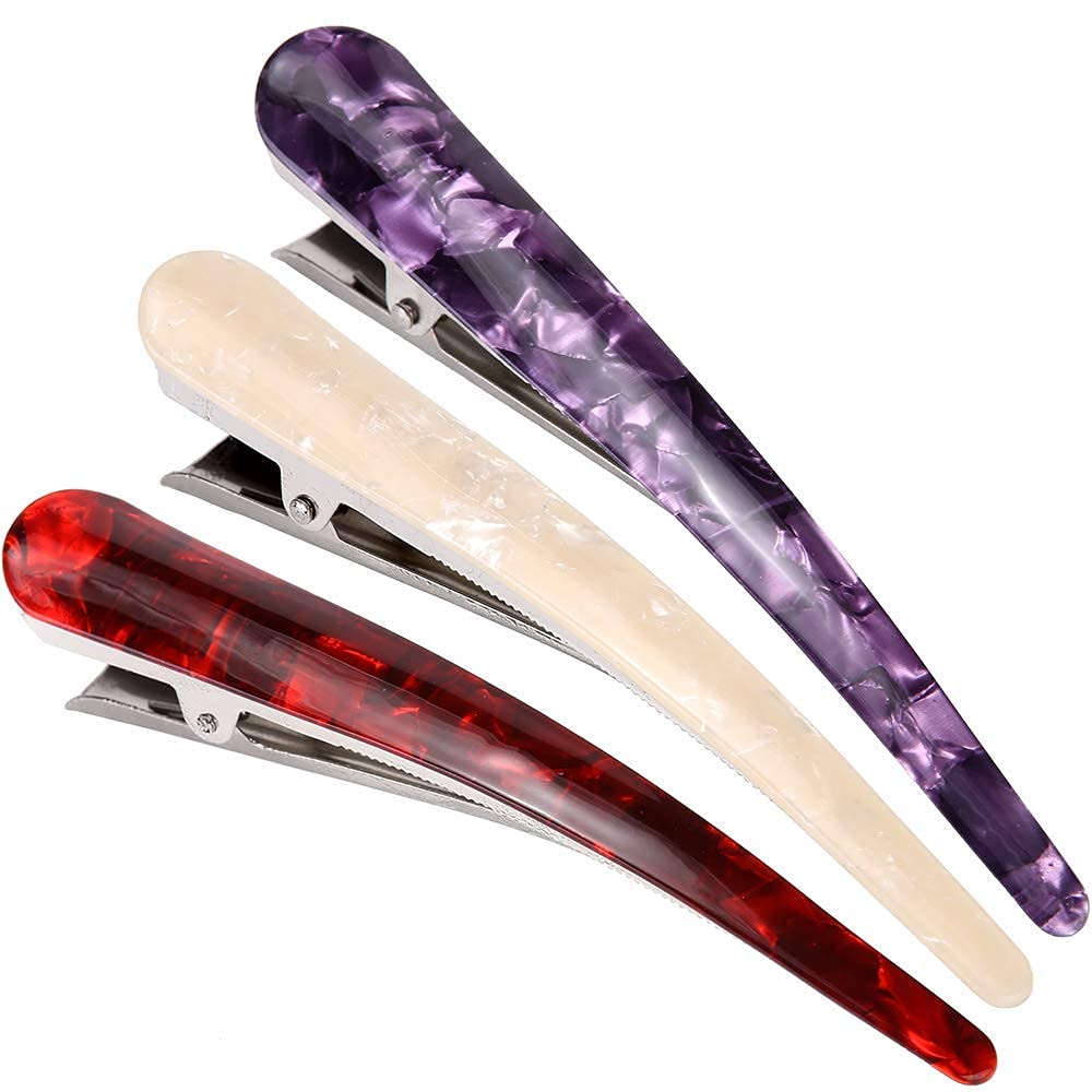 LONEEDY 3 Pack Large Duck Teeth Hair Clips - Fashion Hairpins for Women & Girls, Hair Grip Barrettes for Thick Hair (Beige, Purple, Red) - Perfect for School, Parties, Weddings & Daily Styling