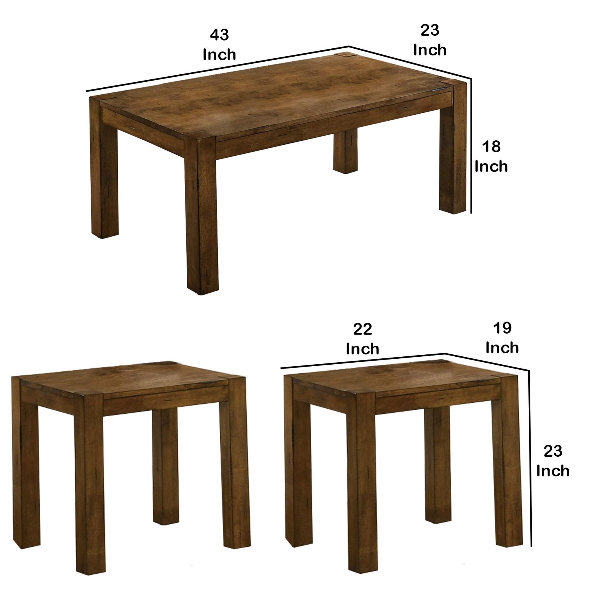 Benjara 3-Piece Wooden Coffee Table Set with Block Legs - Rustic Brown End Tables for Living Room, Bedroom & Office - Perfect for Coffee, Books & Decor
