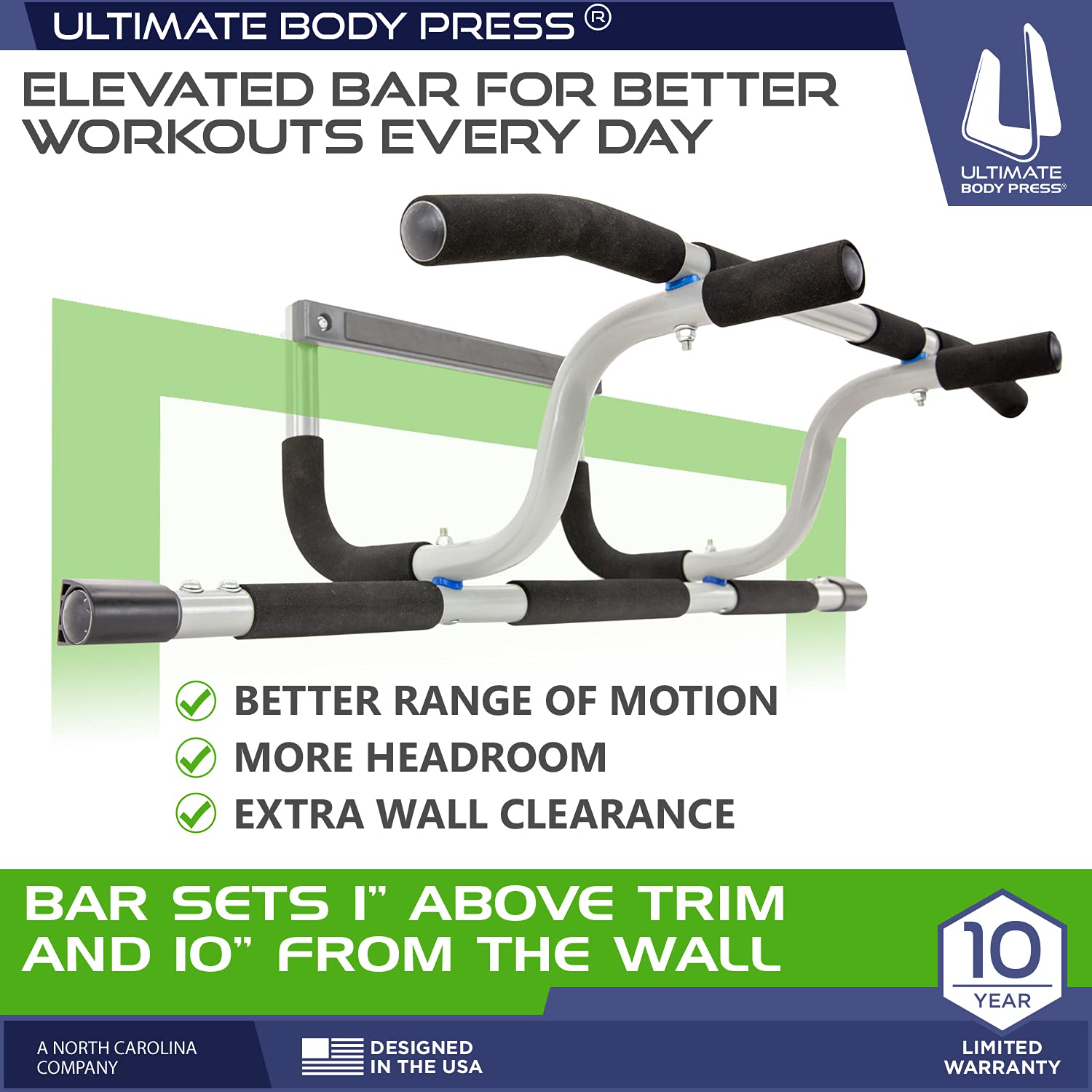 Ultimate Body Press XL Doorway Pull Up Bar - Heavy Duty Adjustable Chin Up Bar for Home Gym with Elevated Grip - Perfect for Strength Training, Calisthenics & Home Workouts