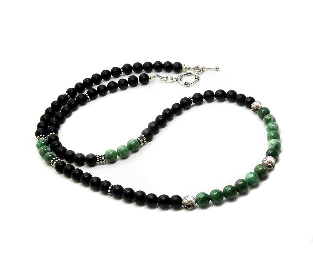 Men's Beaded Necklace - Jade & Onyx Stone Necklace with Silver Beads | Handmade Spiritual Jewelry for Meditation, Yoga & Boho Fashion