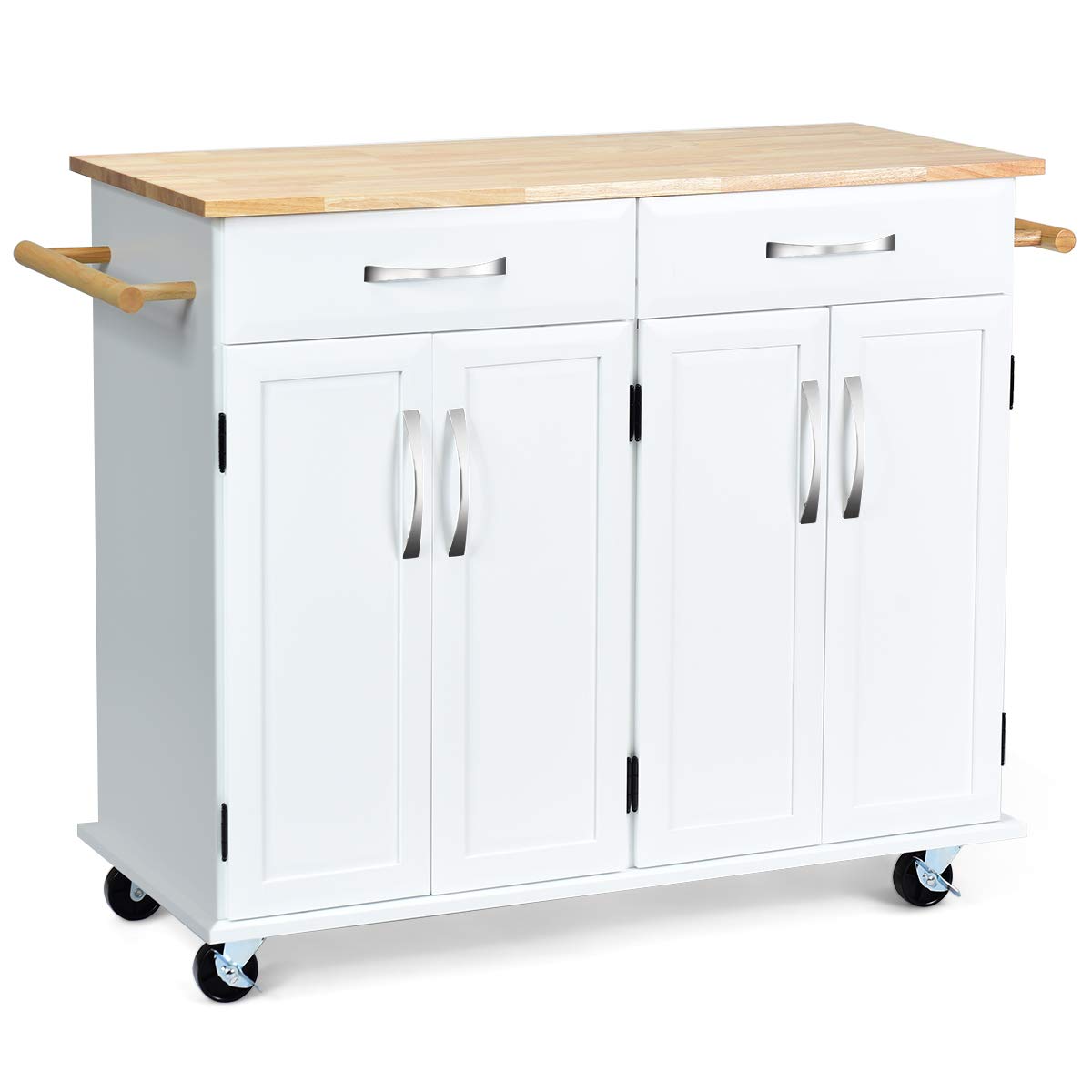 Giantex Kitchen Trolley Cart with Rubber Wood Top - Rolling Utility Island with Large Storage & Lockable Wheels - Easy to Clean Mobile Kitchen Cart for Home, Restaurant, or Office (White) - Perfect for Food Prep, Serving, and Extra Counter Space
