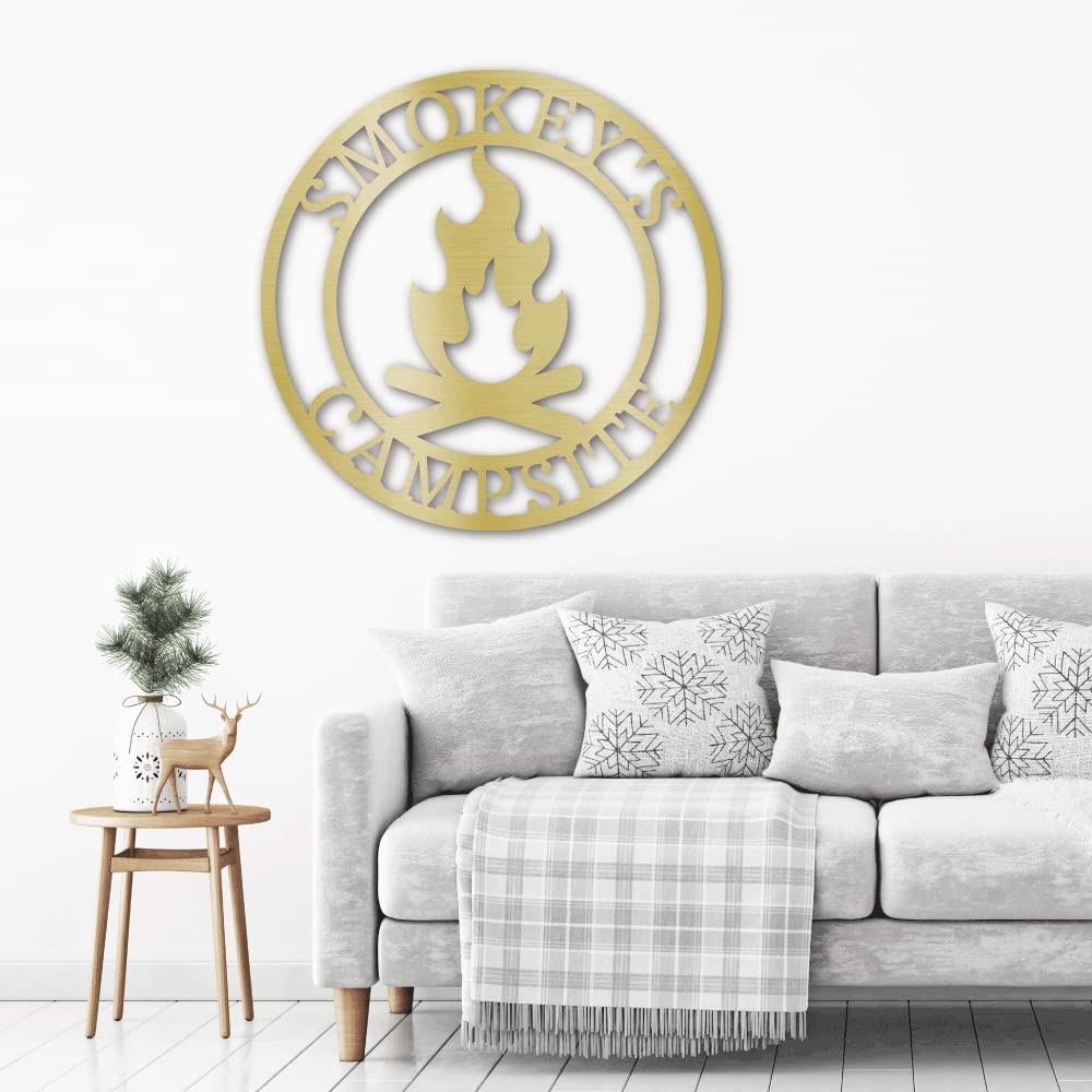 Personalized Campfire Monogram Steel Wall Sign - Indoor & Outdoor Metal Art Home Décor - 18 Inch Silver Wall Hanging for Cabin, Patio, or Living Room