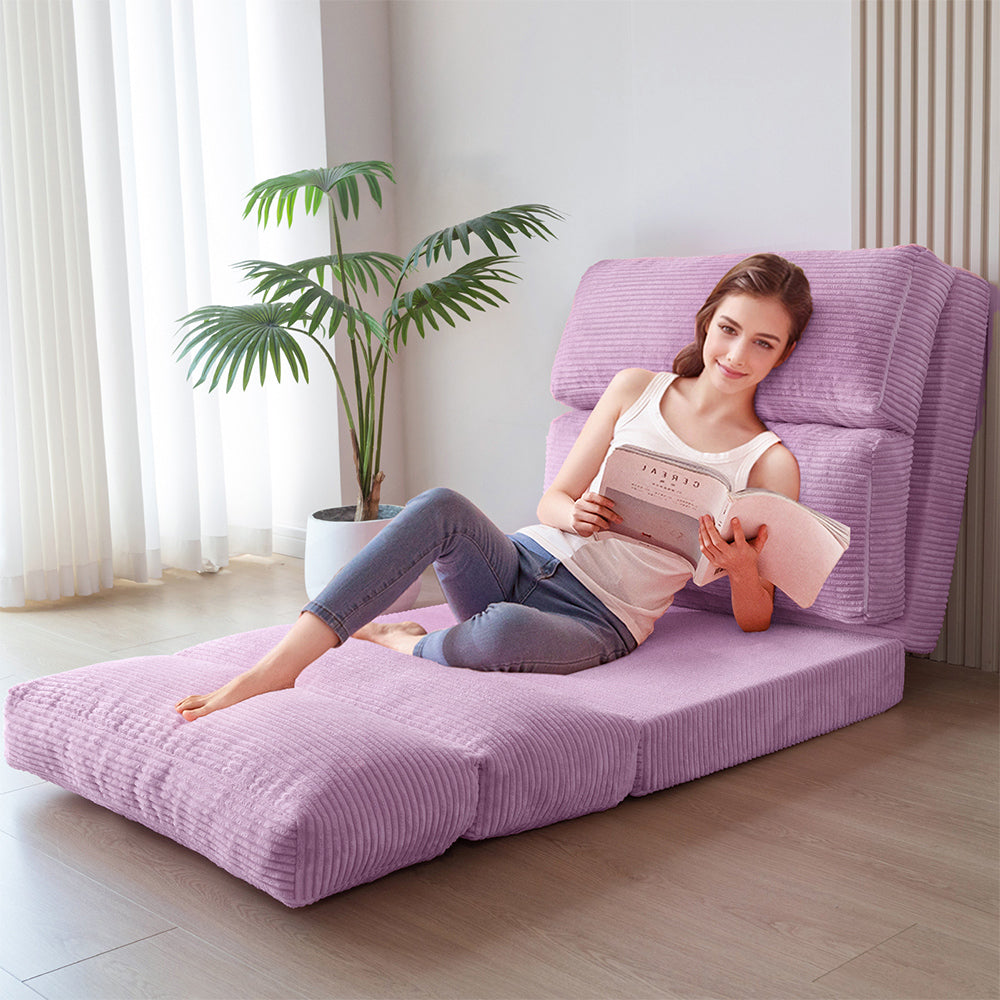 MAXYOYO Corduroy Bean Bag Folding Sofa Bed - Extra Wide Foldable Floor Mattress in Purple | Perfect for Living Room Lounging, Guest Bed & Dorm Room Comfort