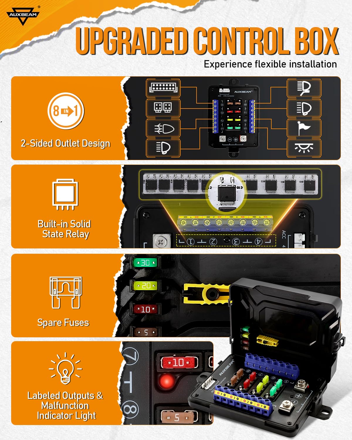 Auxbeam 8 Gang Switch Panel RB80 XL 5.3 Inch RGB LED Toggle Momentary Pulsed Switch Pod - 12-24V Waterproof Auxiliary Circuit Control Relay System for Truck, Car, Offroad, UTV - Perfect for Off-Roading, Camping & Emergency Lighting - 2 Years Warranty