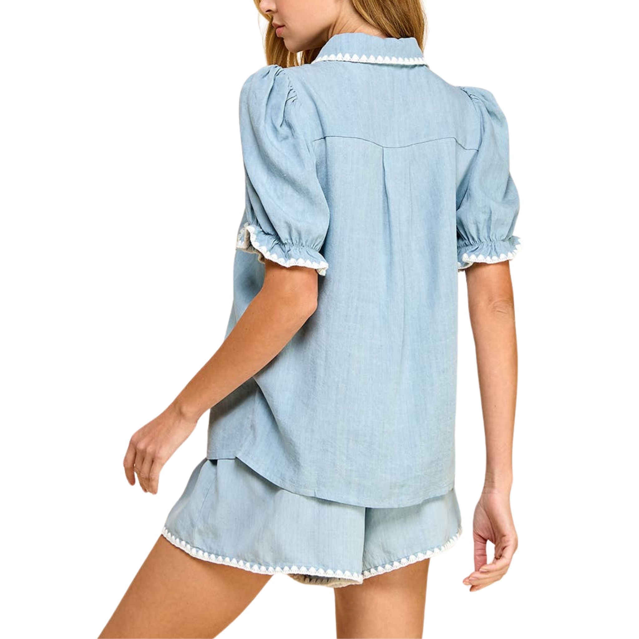 Stylish Denim White Stitched Trim Casual Shirt for Men & Women | Comfortable Cotton Button-Up Top for Everyday Wear, Date Night & Office Outfits