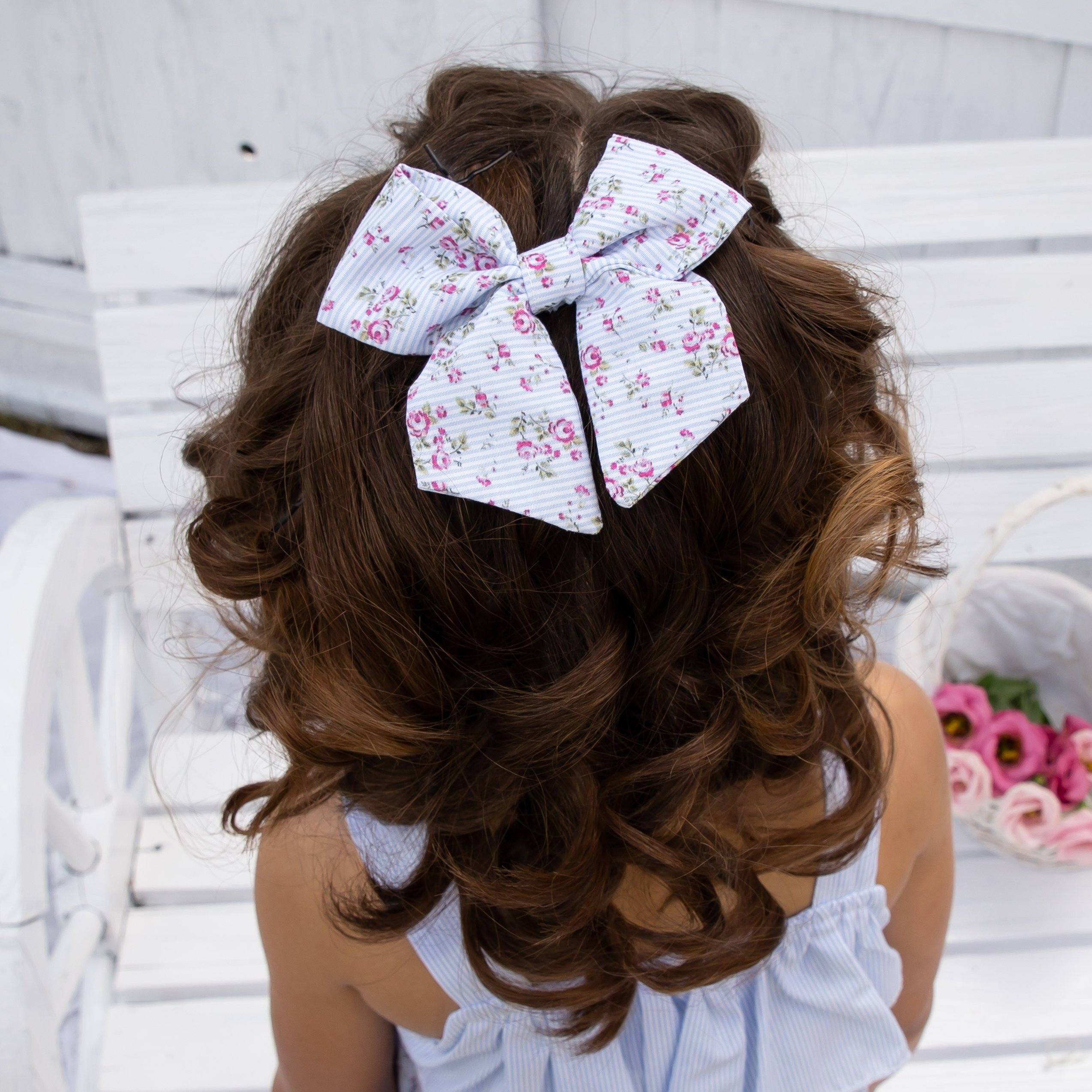 Blue Floral Candy Stripe Hair Bow Clip - Elegant Hair Accessory for Women & Girls | Perfect for Weddings, Parties & Everyday Style