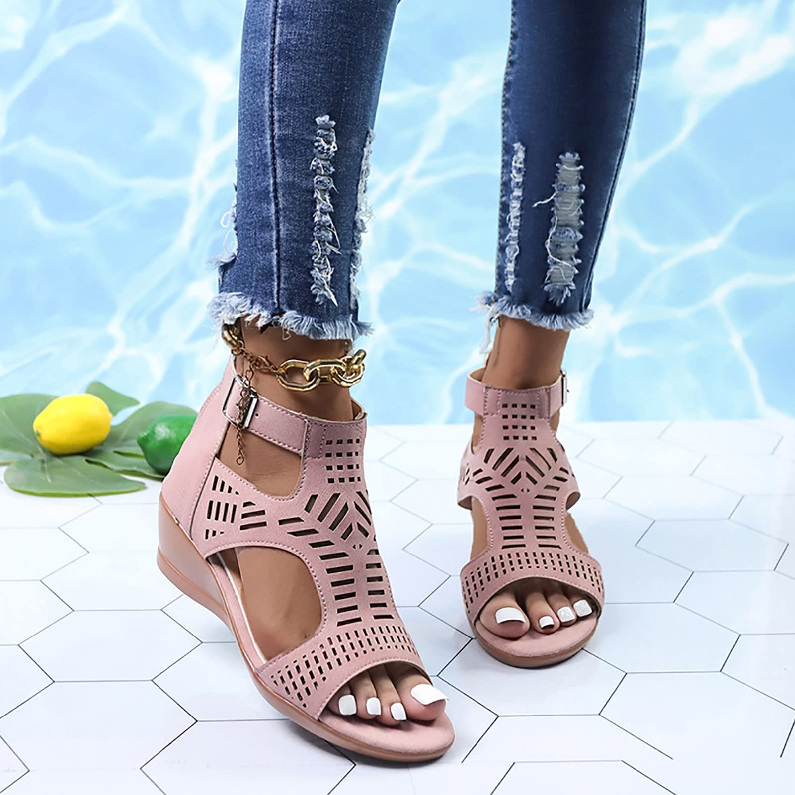Women's Casual Buckle Cutout Peep Toe Wedge Heel Sandals - Stylish Summer Shoes for Beach, Party & Everyday Wear