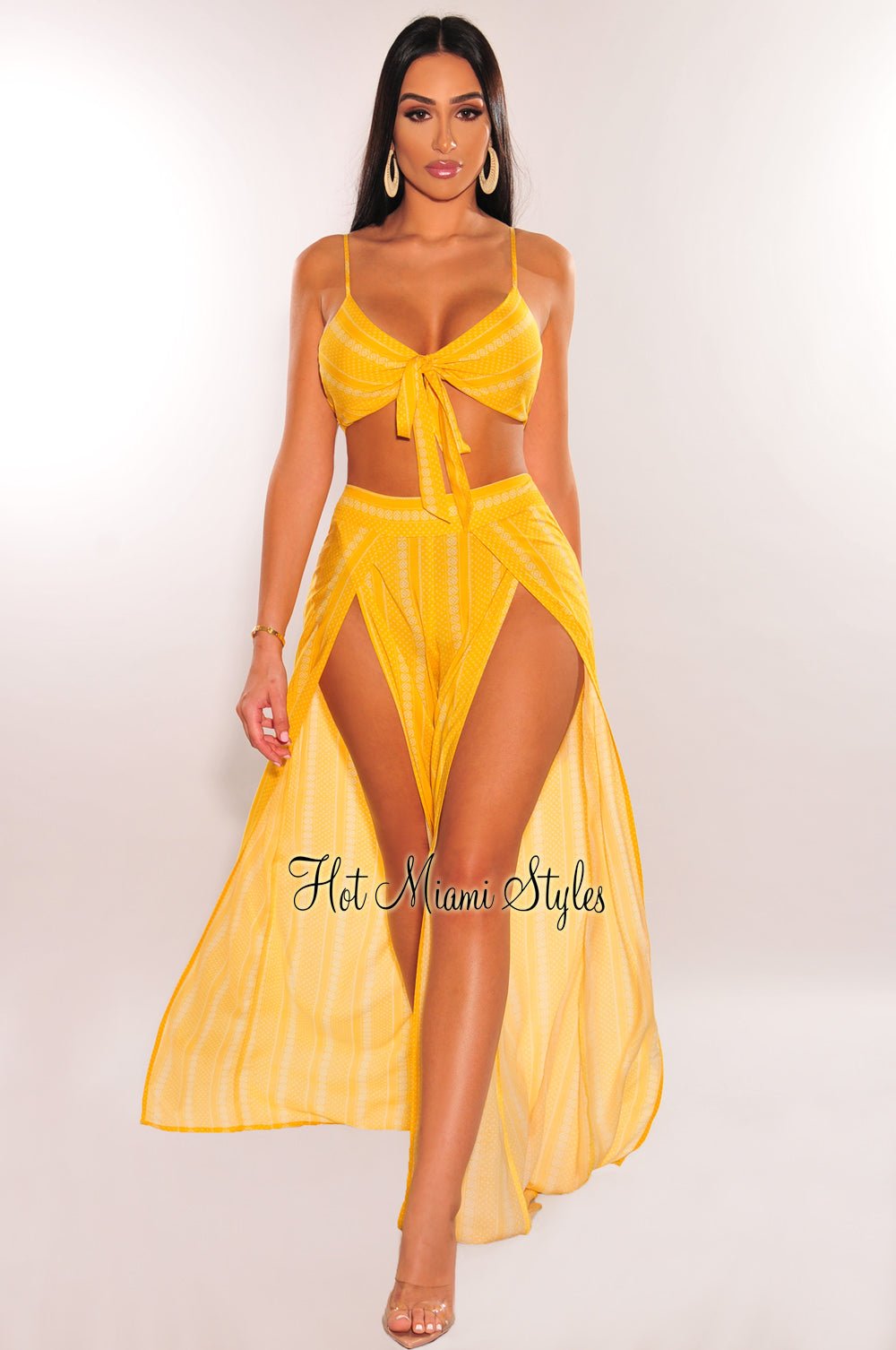 Trendy Yellow & White Striped Spaghetti Strap Tie-Up Two Piece Set with Double Slit Pants | Summer Outfits for Women | Perfect for Beach Vacations, Music Festivals & Date Nights