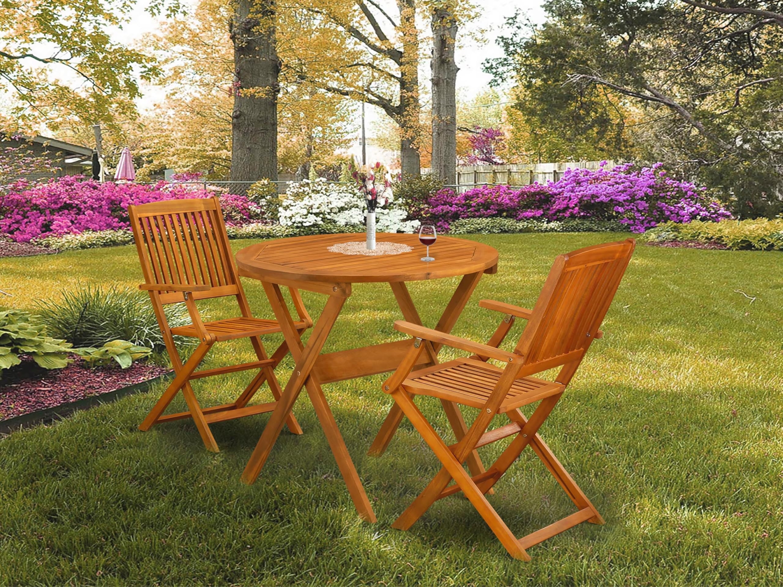East West Furniture MNCM3CANA Marion 3-Piece Patio Bistro Set - Round Acacia Wood Coffee Table & 2 Folding Arm Chairs, 30x30 Inch, Natural Oil Finish - Perfect for Outdoor Dining, Garden, Balcony or Backyard Relaxation